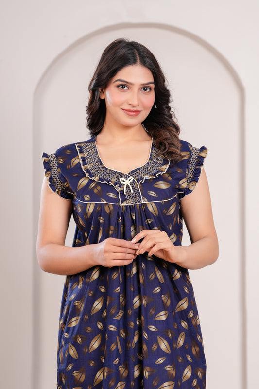 HARGUN NIGHT WEAR Women's Elegant Cotton Nightgown with Pocket & Embroidered Neck Design (Navy Blue, Free Size)