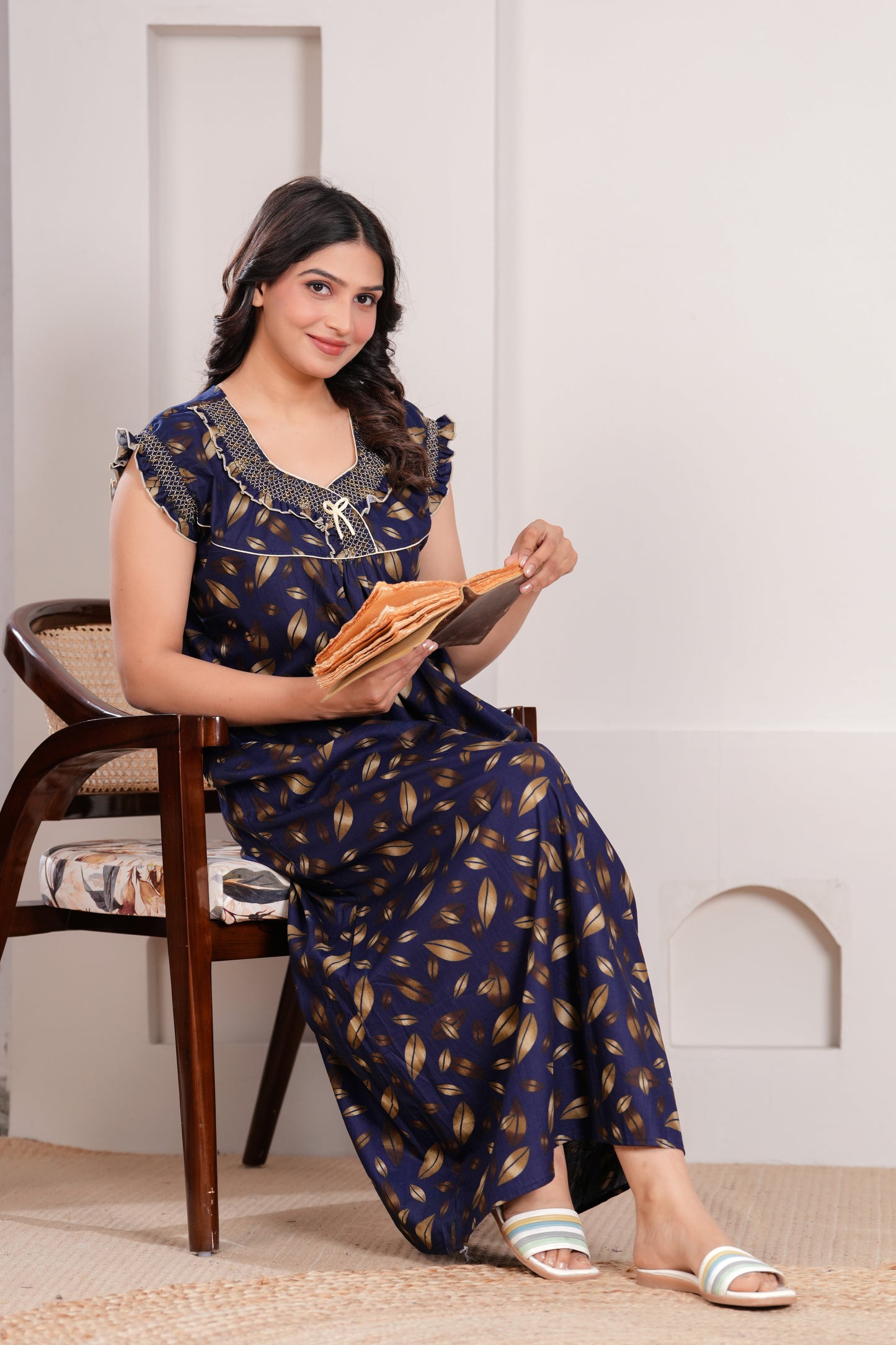 HARGUN NIGHT WEAR Women's Elegant Cotton Nightgown with Pocket & Embroidered Neck Design (Navy Blue, Free Size)