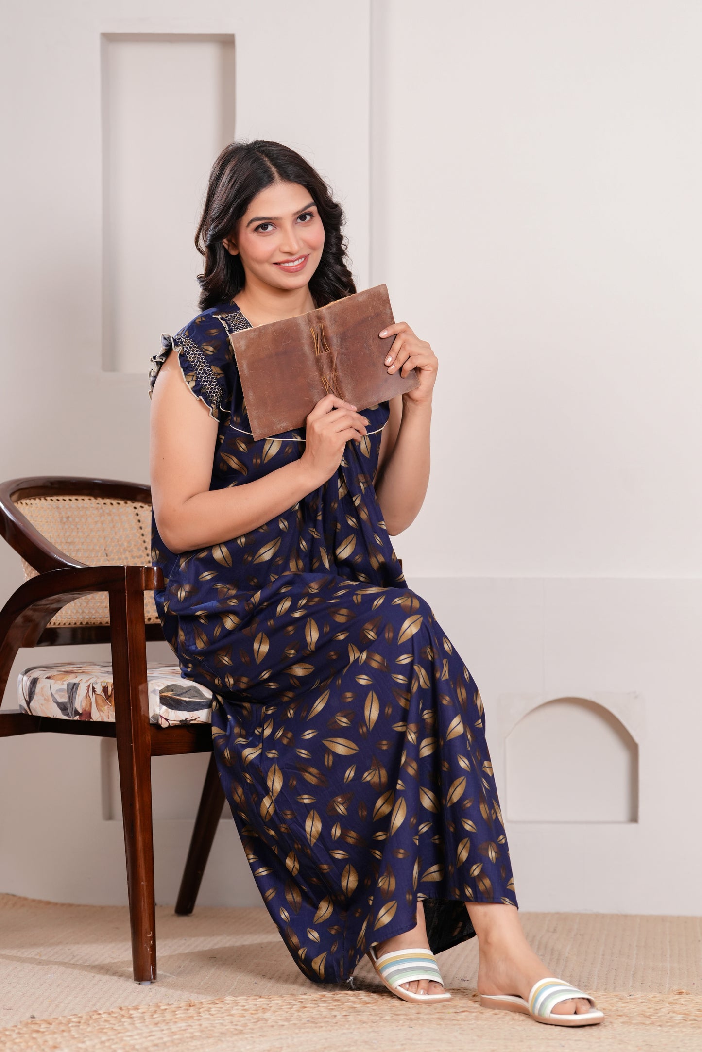 HARGUN NIGHT WEAR Women's Elegant Cotton Nightgown with Pocket & Embroidered Neck Design (Navy Blue, Free Size)