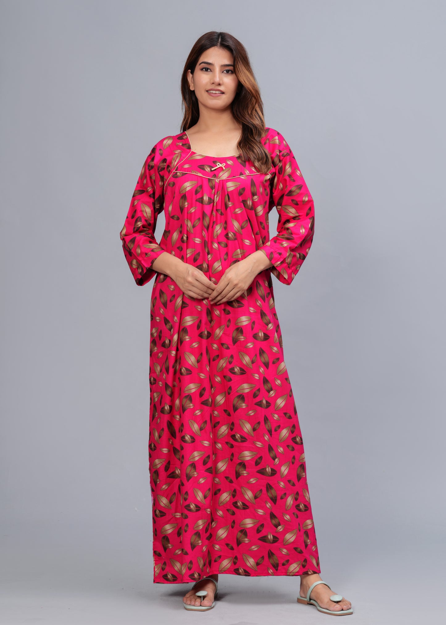 Full Sleeves Cotton Nightgown for Women (Raani Pink, XL)