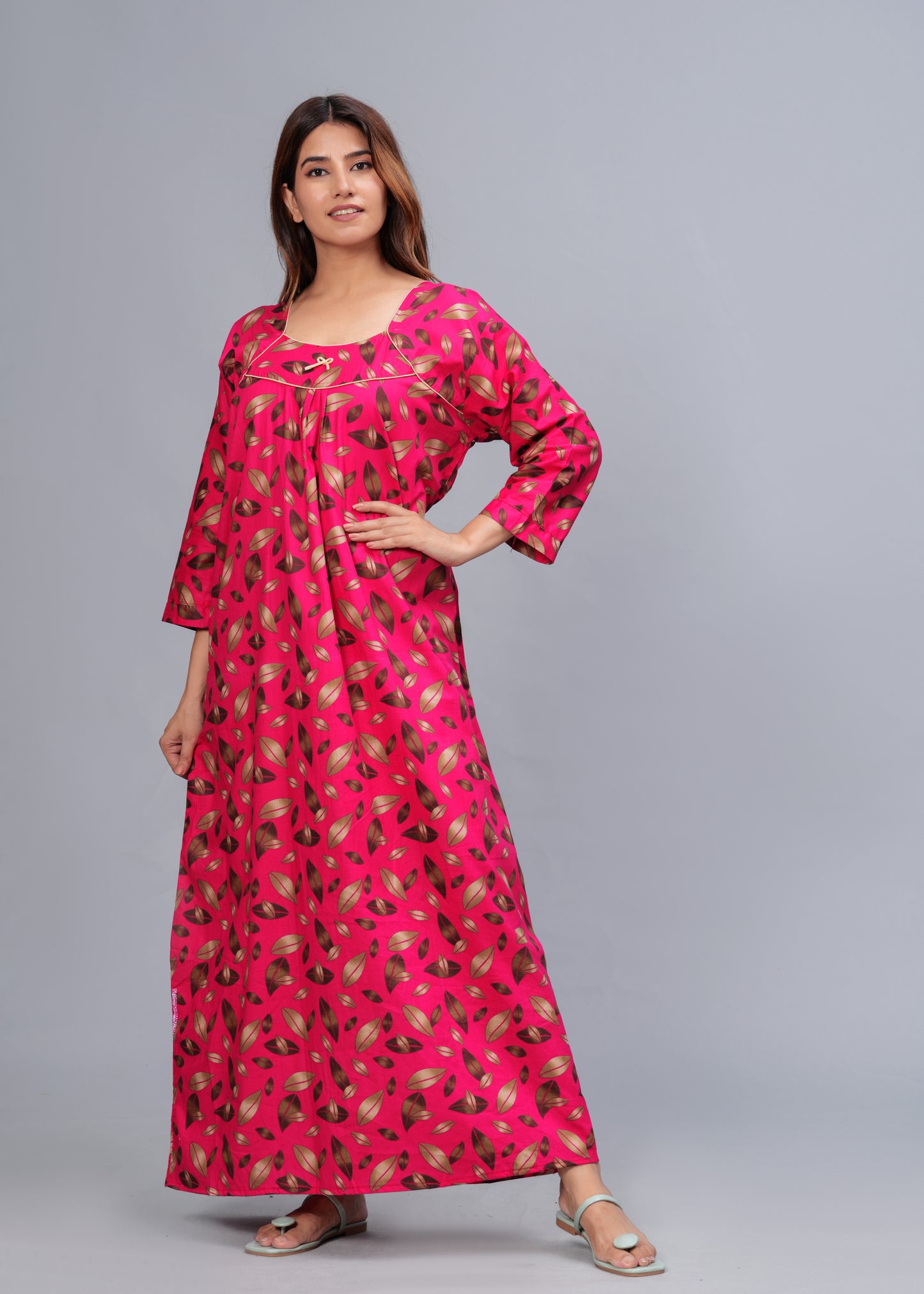 Full Sleeves Cotton Nightgown for Women (Raani Pink, XL)