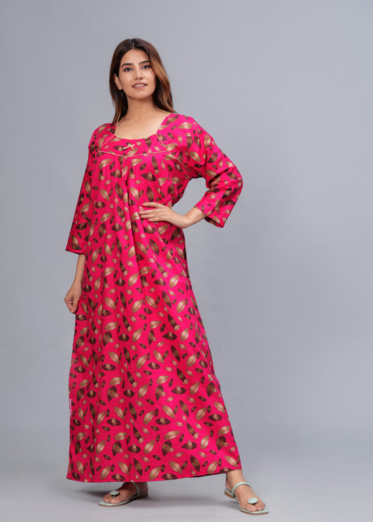 Full Sleeves Cotton Nightgown for Women (Raani Pink, XL)