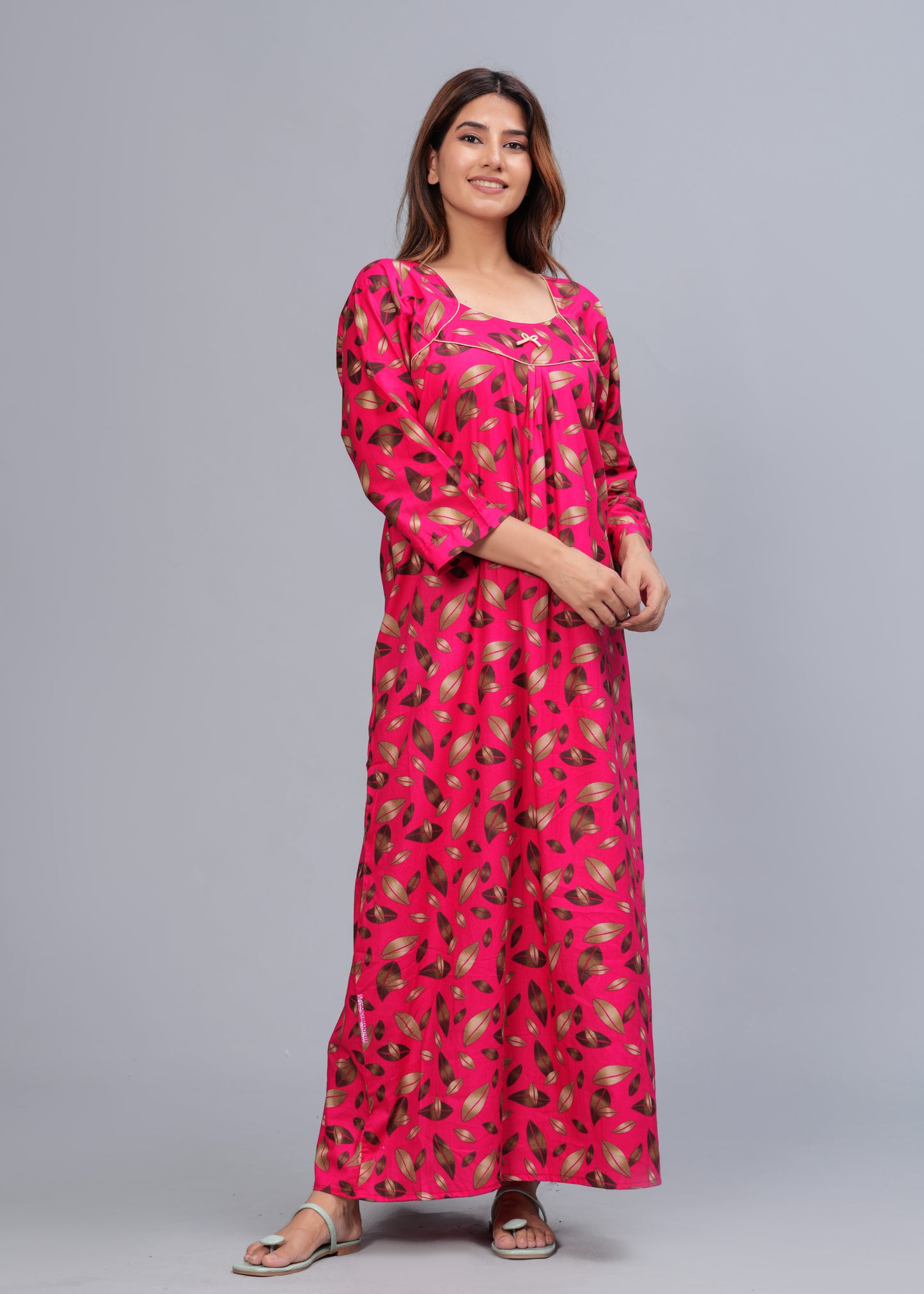 Full Sleeves Cotton Nightgown for Women (Raani Pink, XL)