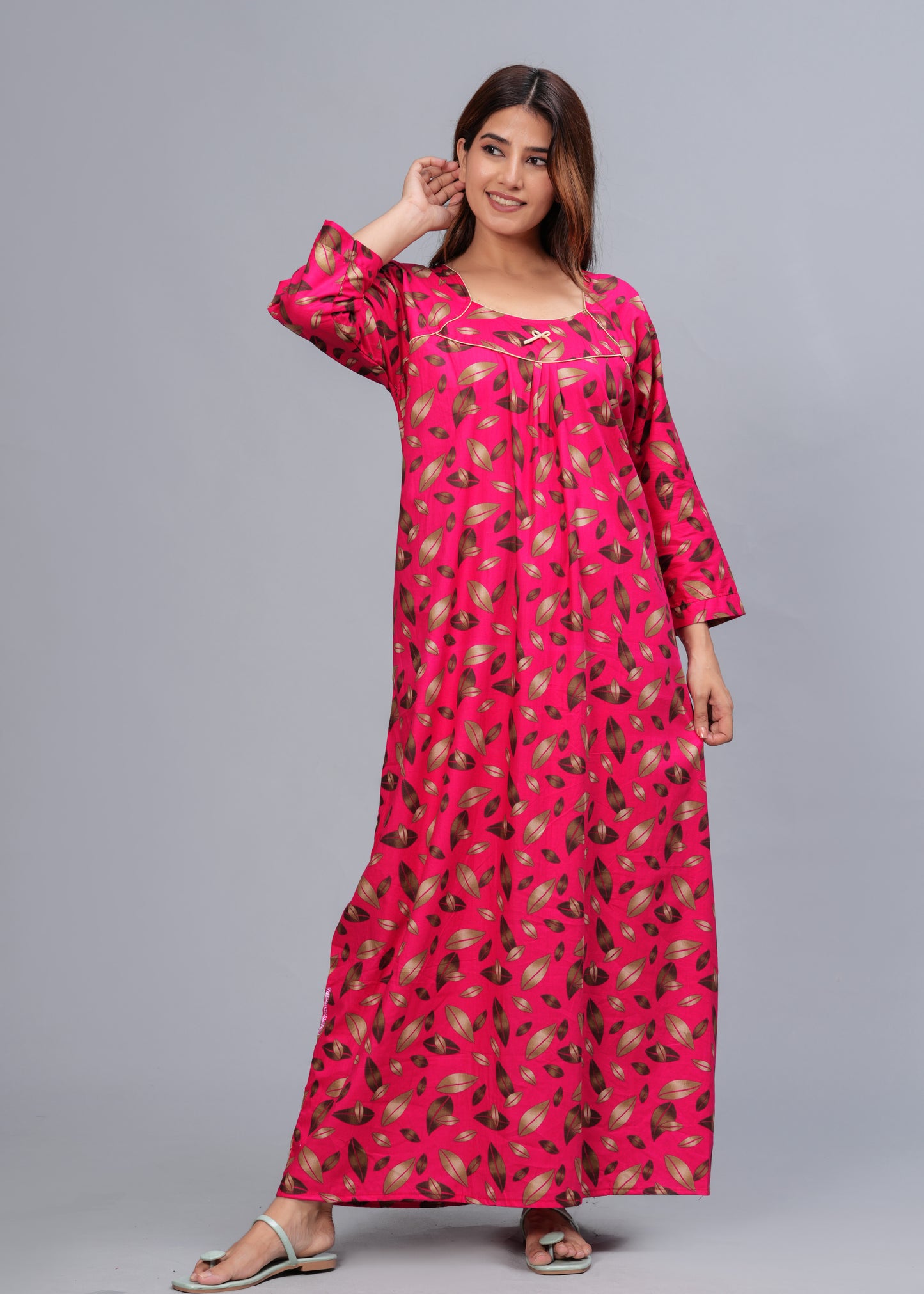 Full Sleeves Cotton Nightgown for Women (Raani Pink, XL)