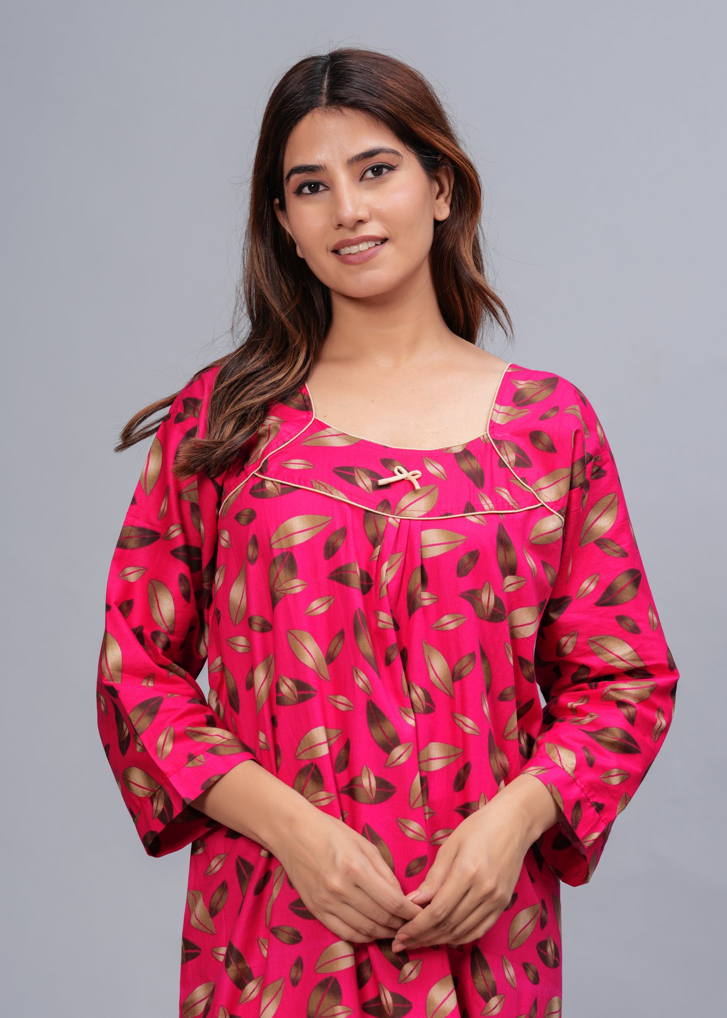 Full Sleeves Cotton Nightgown for Women (Raani Pink, XL)