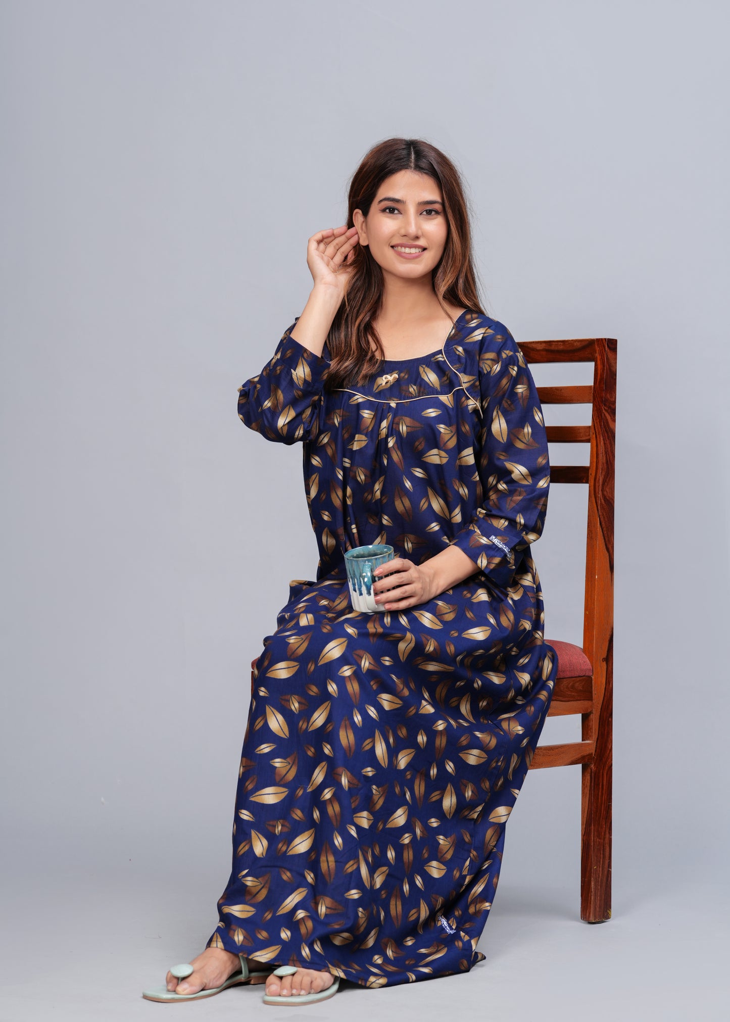 Full Sleeves Cotton Nightgown for Women(Navy Blue, XL)