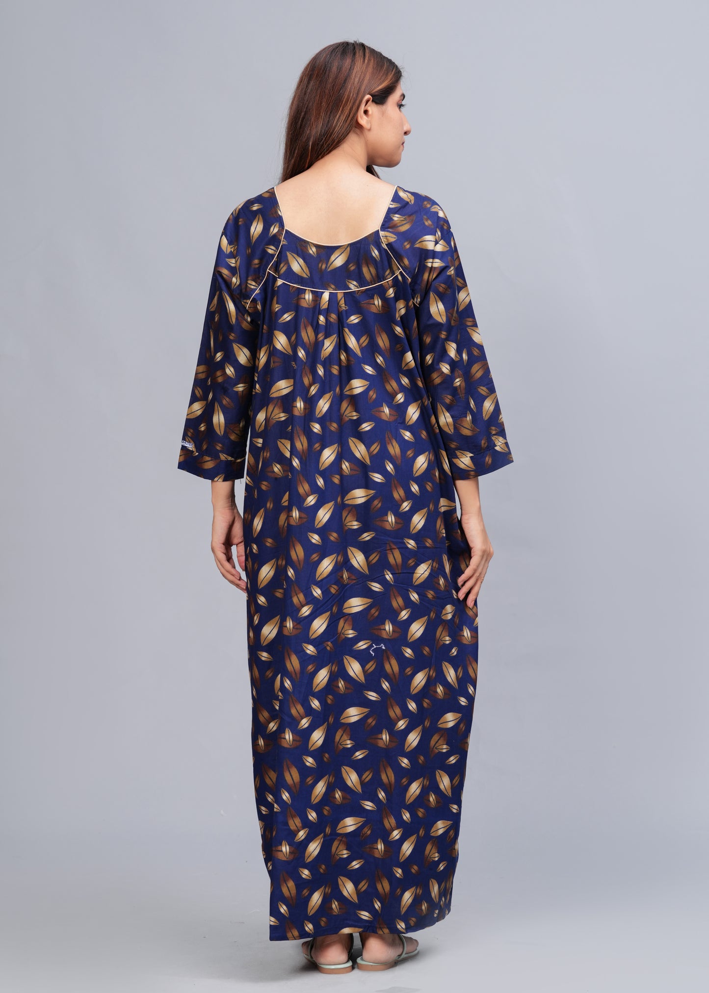 Full Sleeves Cotton Nightgown for Women(Navy Blue, XL)