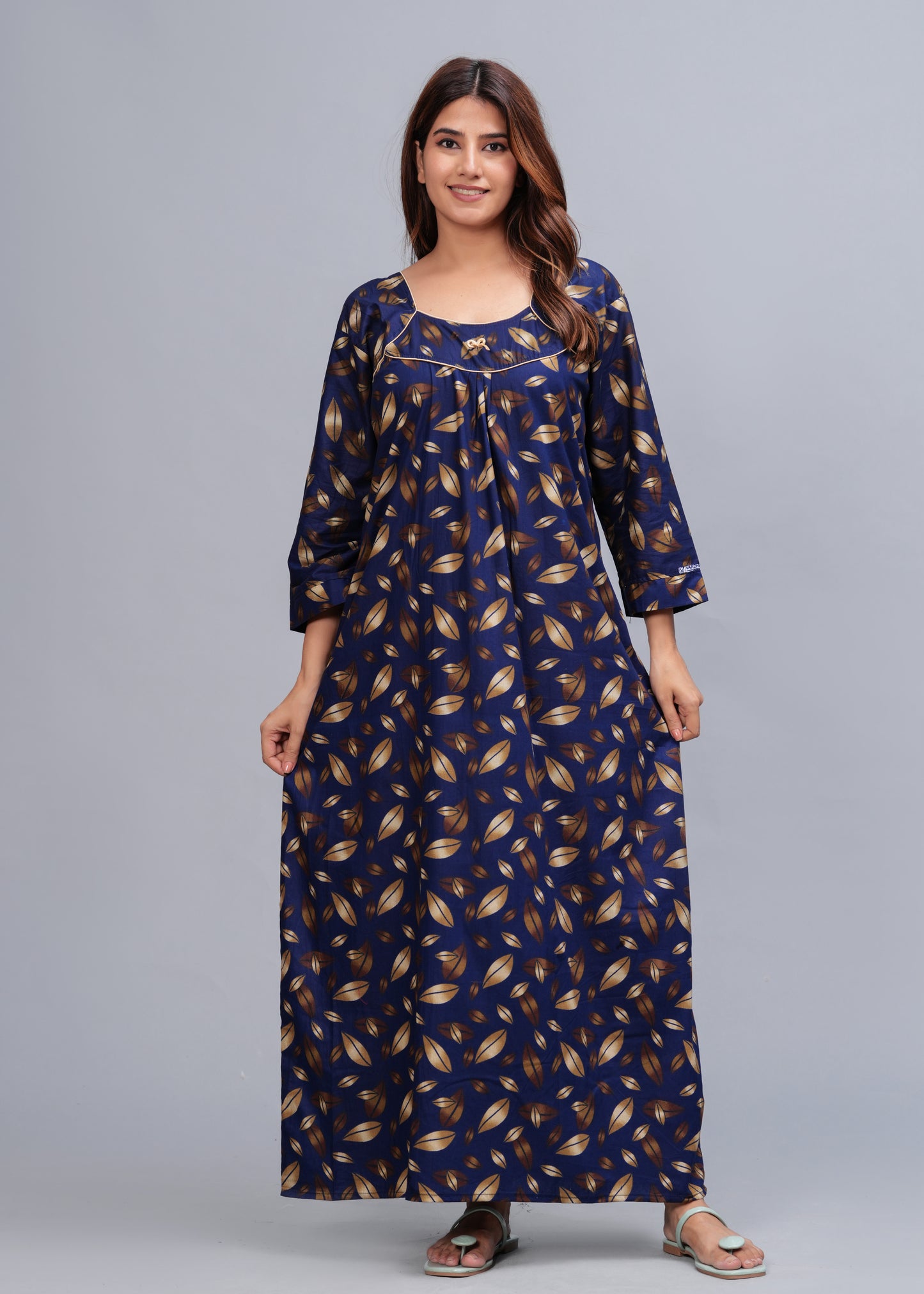 Full Sleeves Cotton Nightgown for Women(Navy Blue, XL)
