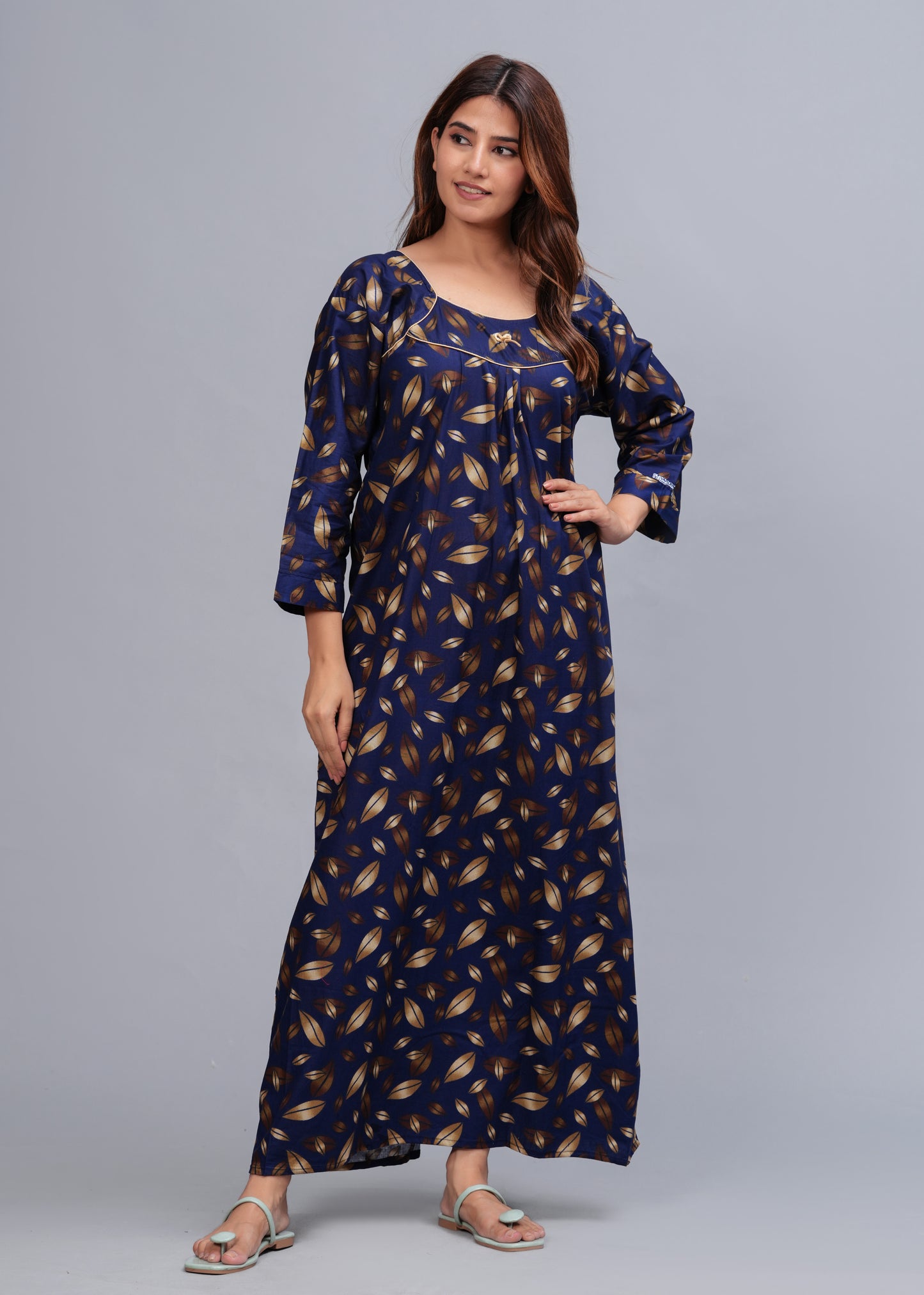 Full Sleeves Cotton Nightgown for Women(Navy Blue, XL)