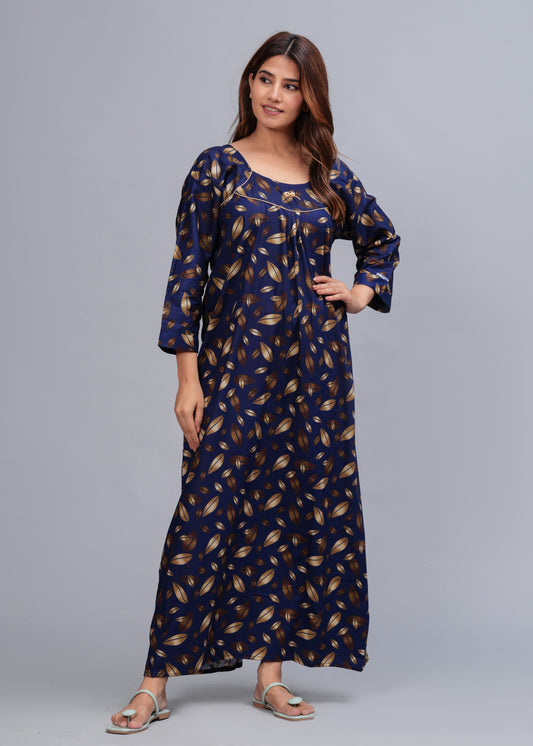 Full Sleeves Cotton Nightgown for Women(Navy Blue, XL)