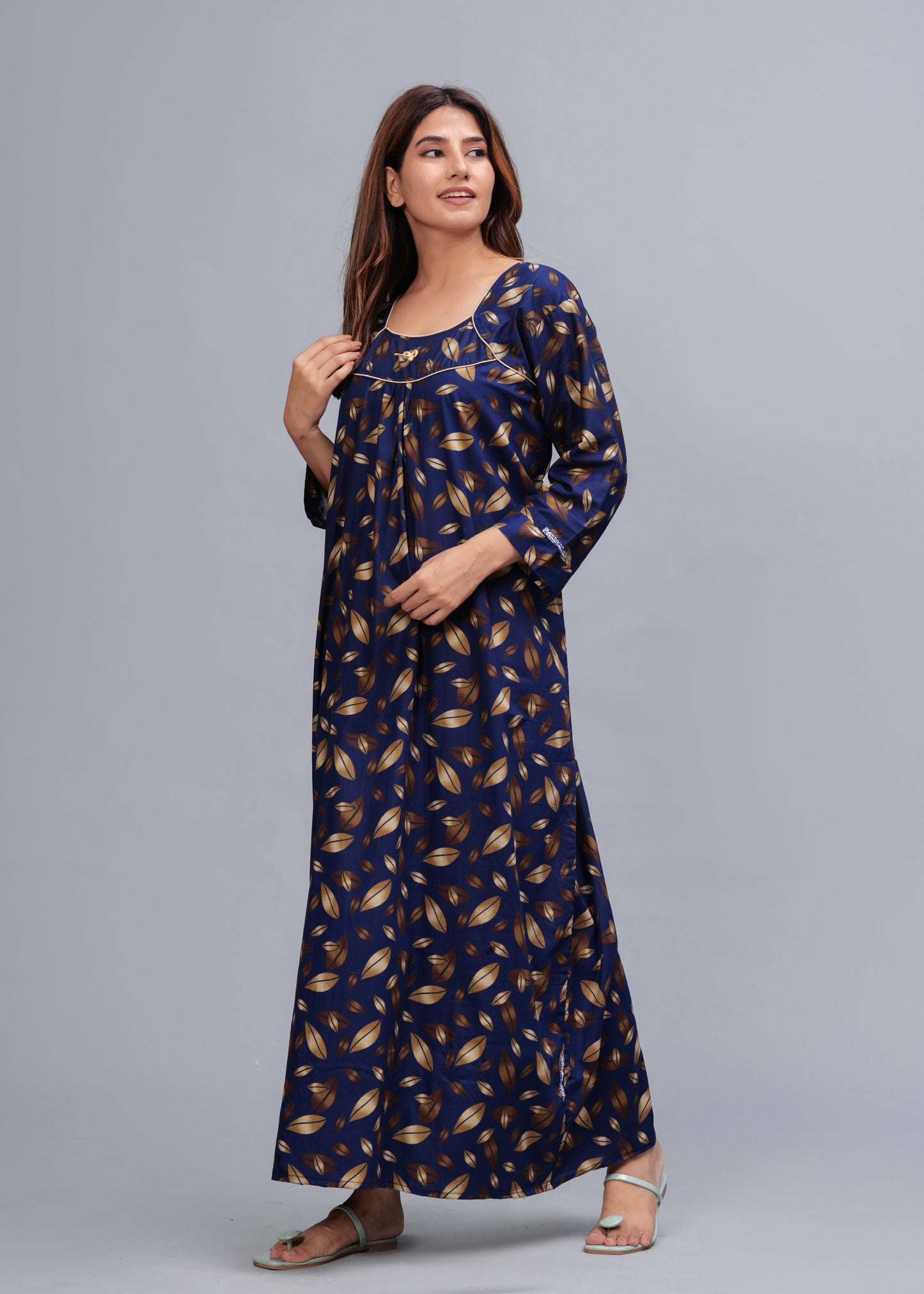 Full Sleeves Cotton Nightgown for Women(Navy Blue, XL)