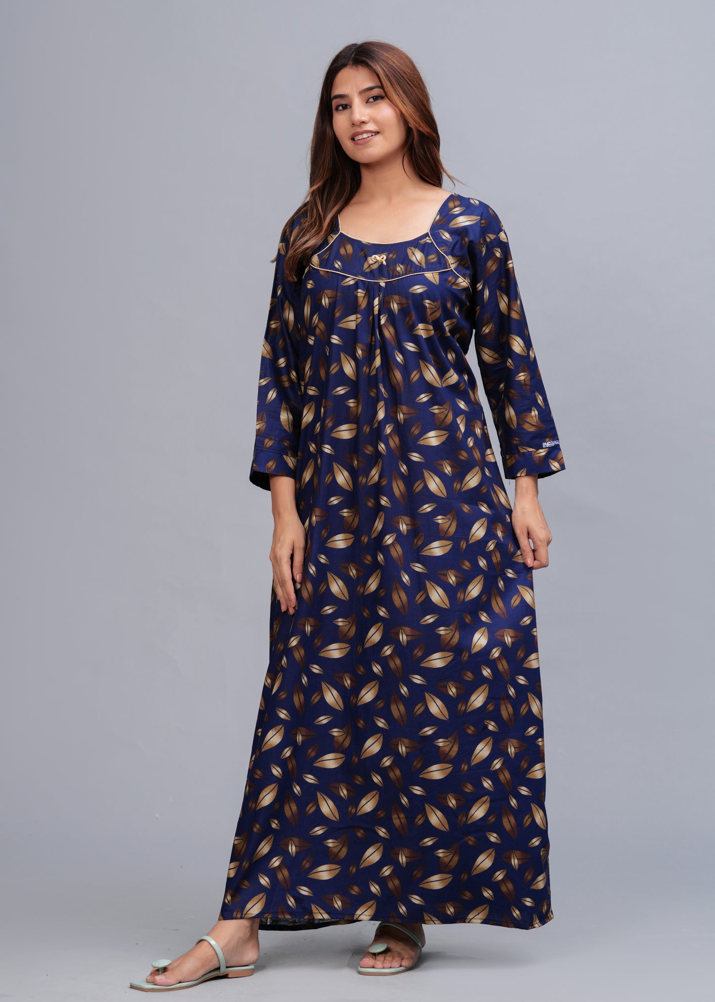 Full Sleeves Cotton Nightgown for Women(Navy Blue, XL)