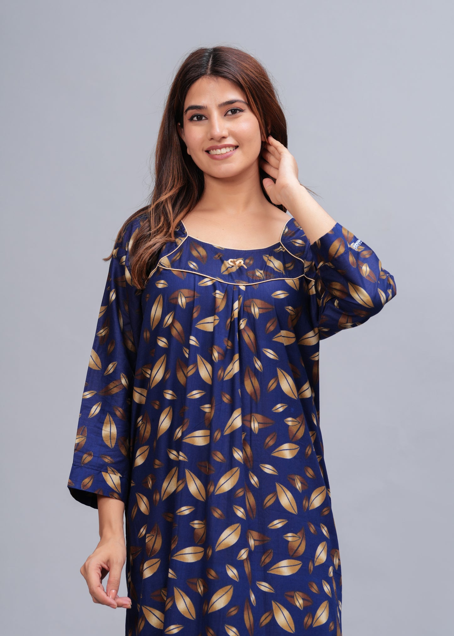 Full Sleeves Cotton Nightgown for Women(Navy Blue, XL)