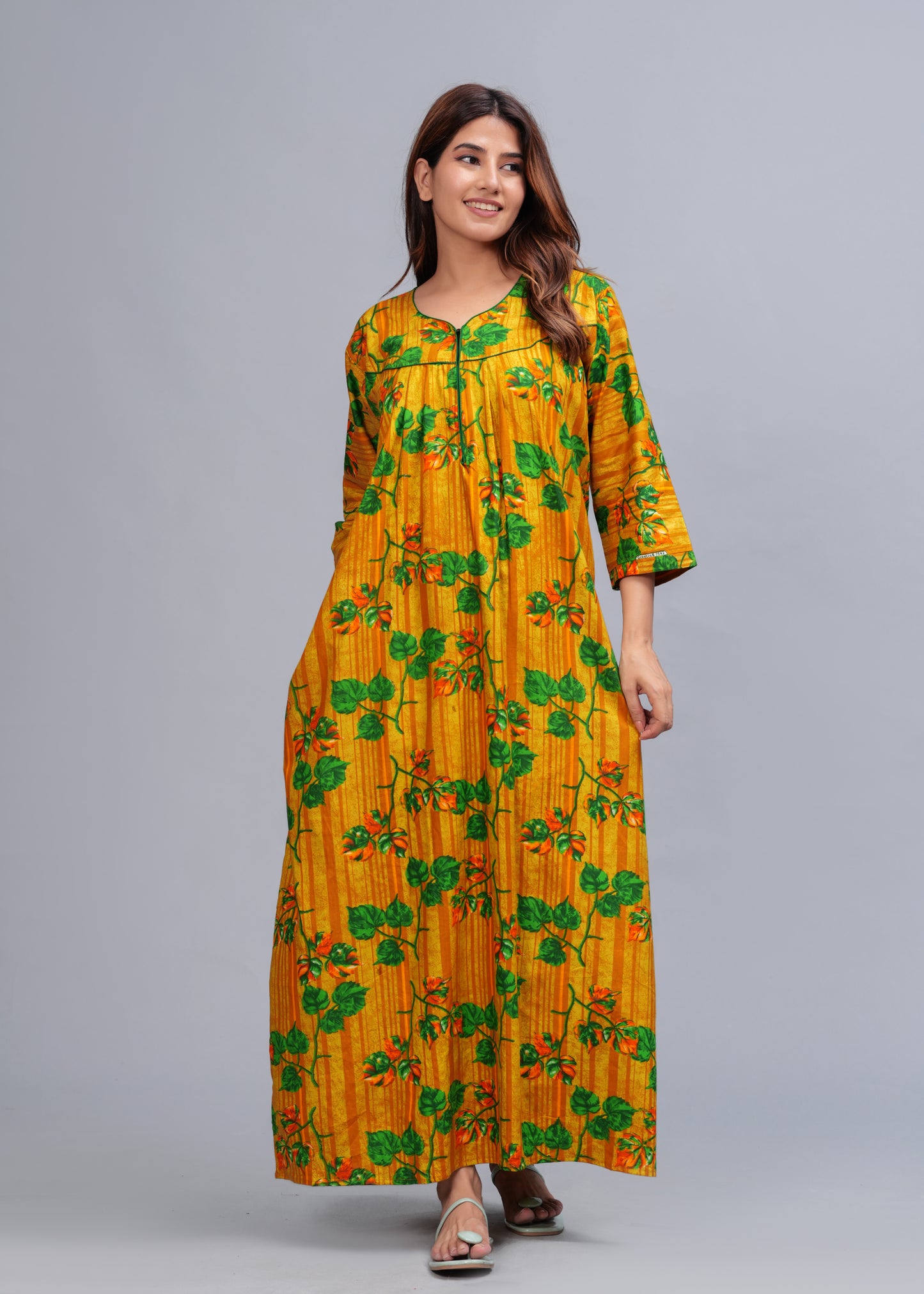 Full Sleeves Nighty Cotton Nightgown for Women(Yellow, Pack of 1)