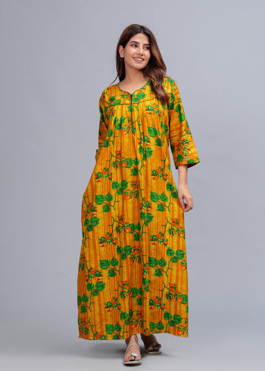 Full Sleeves Nighty Cotton Nightgown for Women(Yellow, Pack of 1)