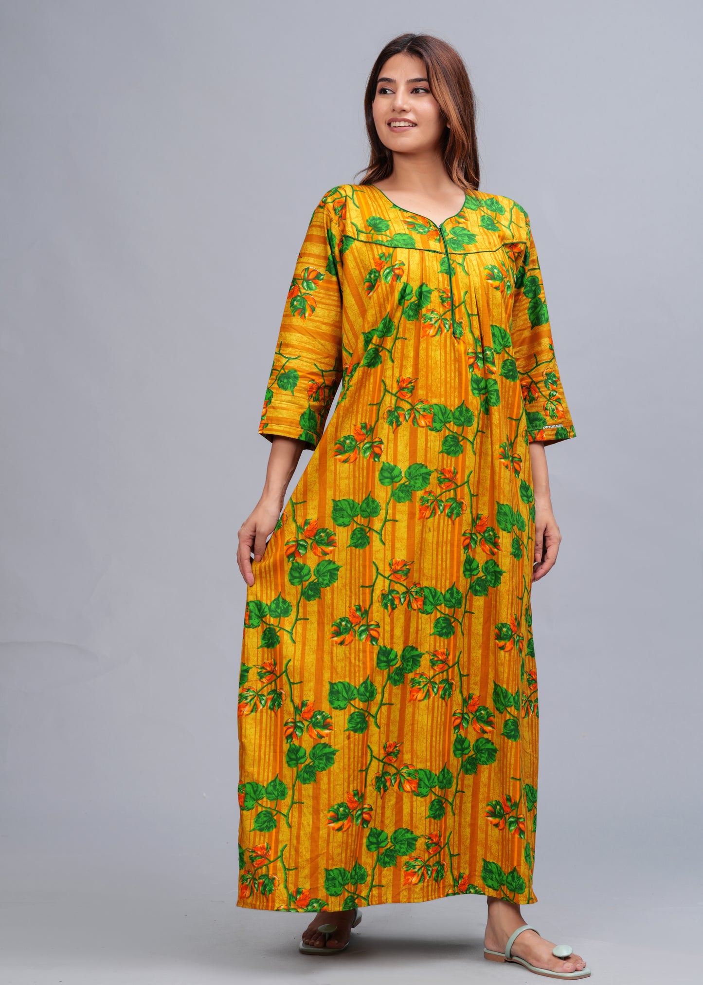 Full Sleeves Nighty Cotton Nightgown for Women(Yellow, Pack of 1)