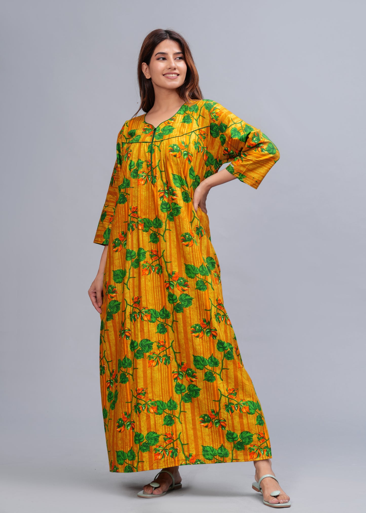 Full Sleeves Nighty Cotton Nightgown for Women(Yellow, Pack of 1)