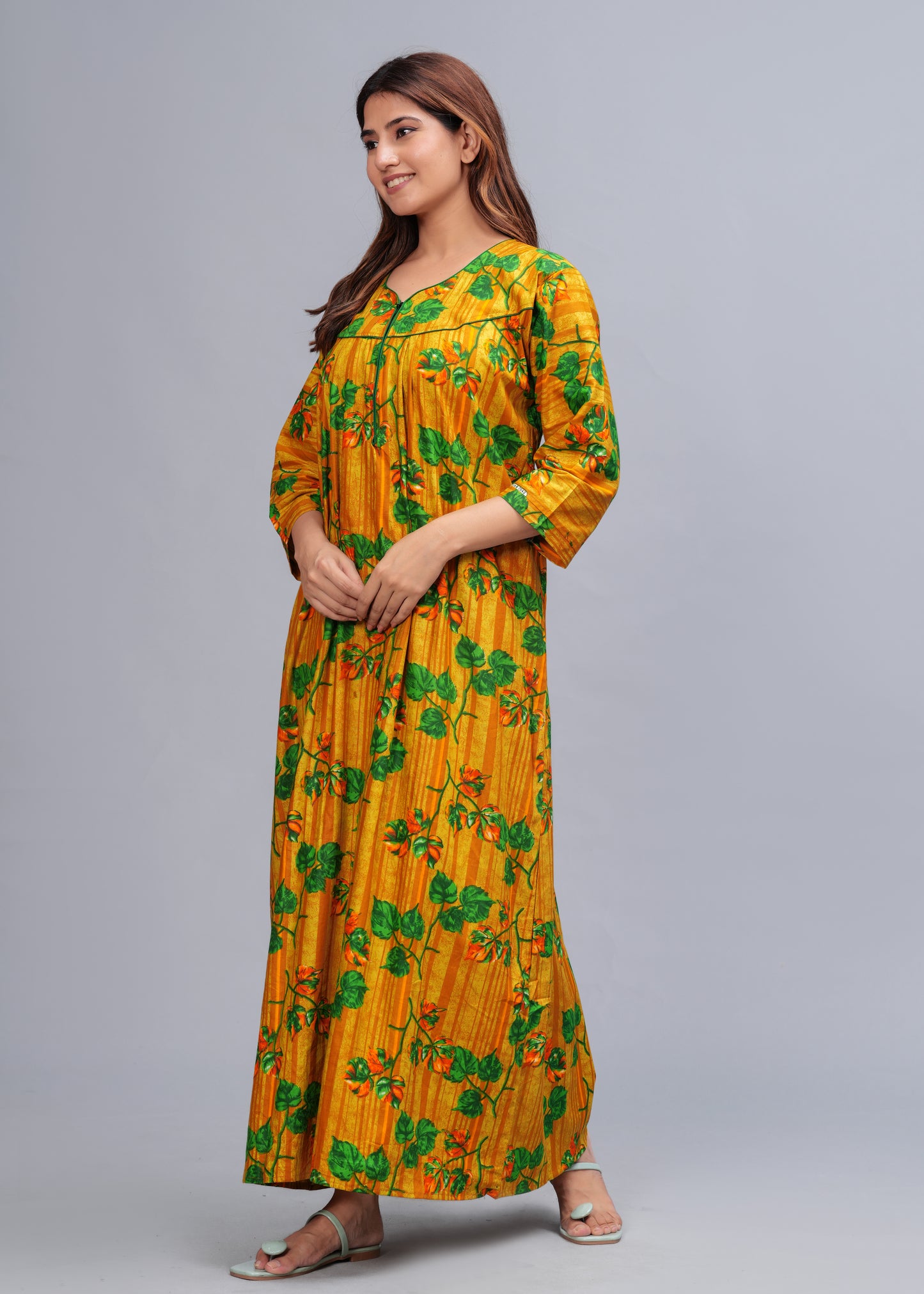 Full Sleeves Nighty Cotton Nightgown for Women(Yellow, Pack of 1)