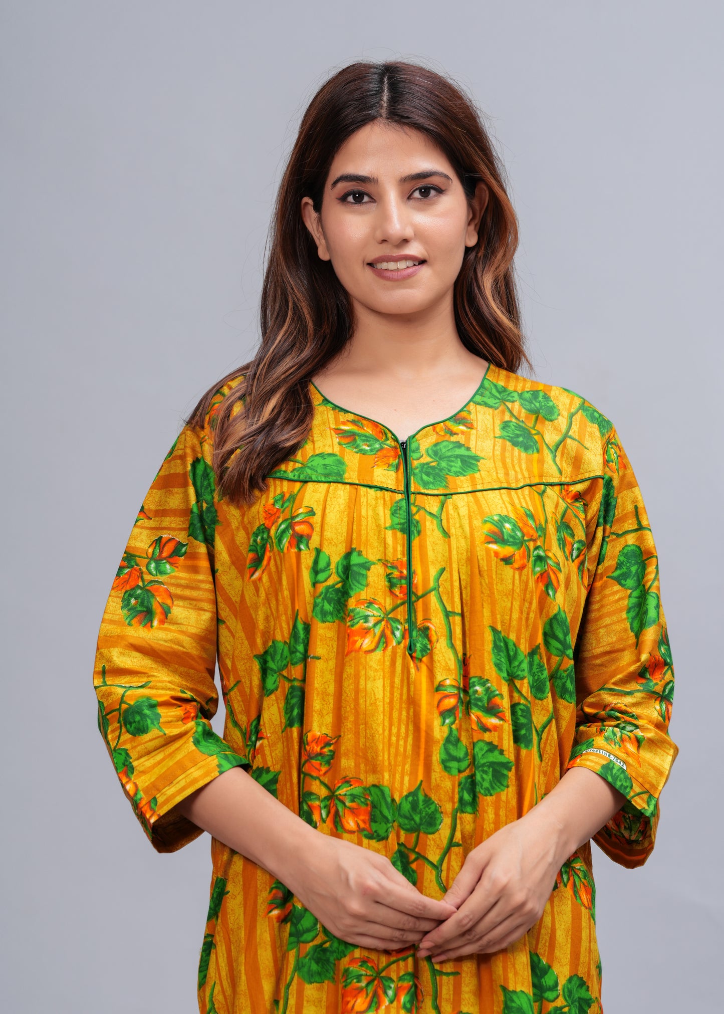 Full Sleeves Nighty Cotton Nightgown for Women(Yellow, Pack of 1)