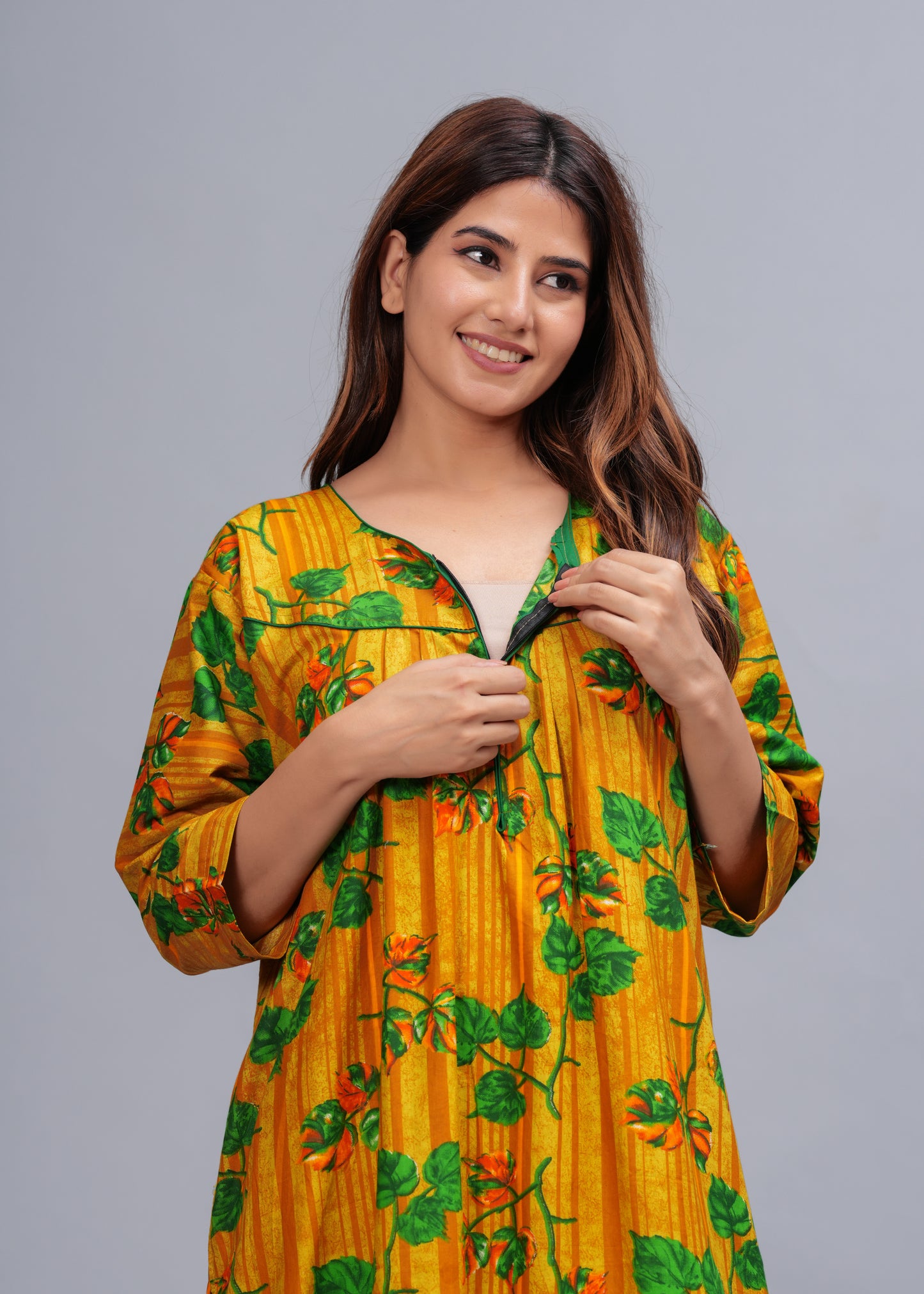 Full Sleeves Nighty Cotton Nightgown for Women(Yellow, Pack of 1)