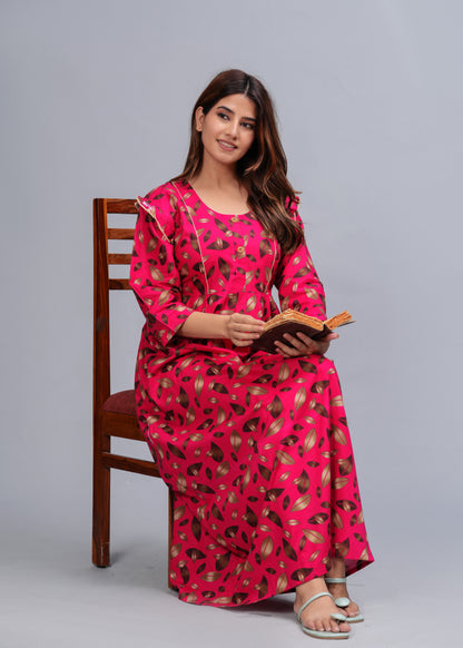 Women Cotton Full Sleeves Nightgown (Raani Pink, XL)