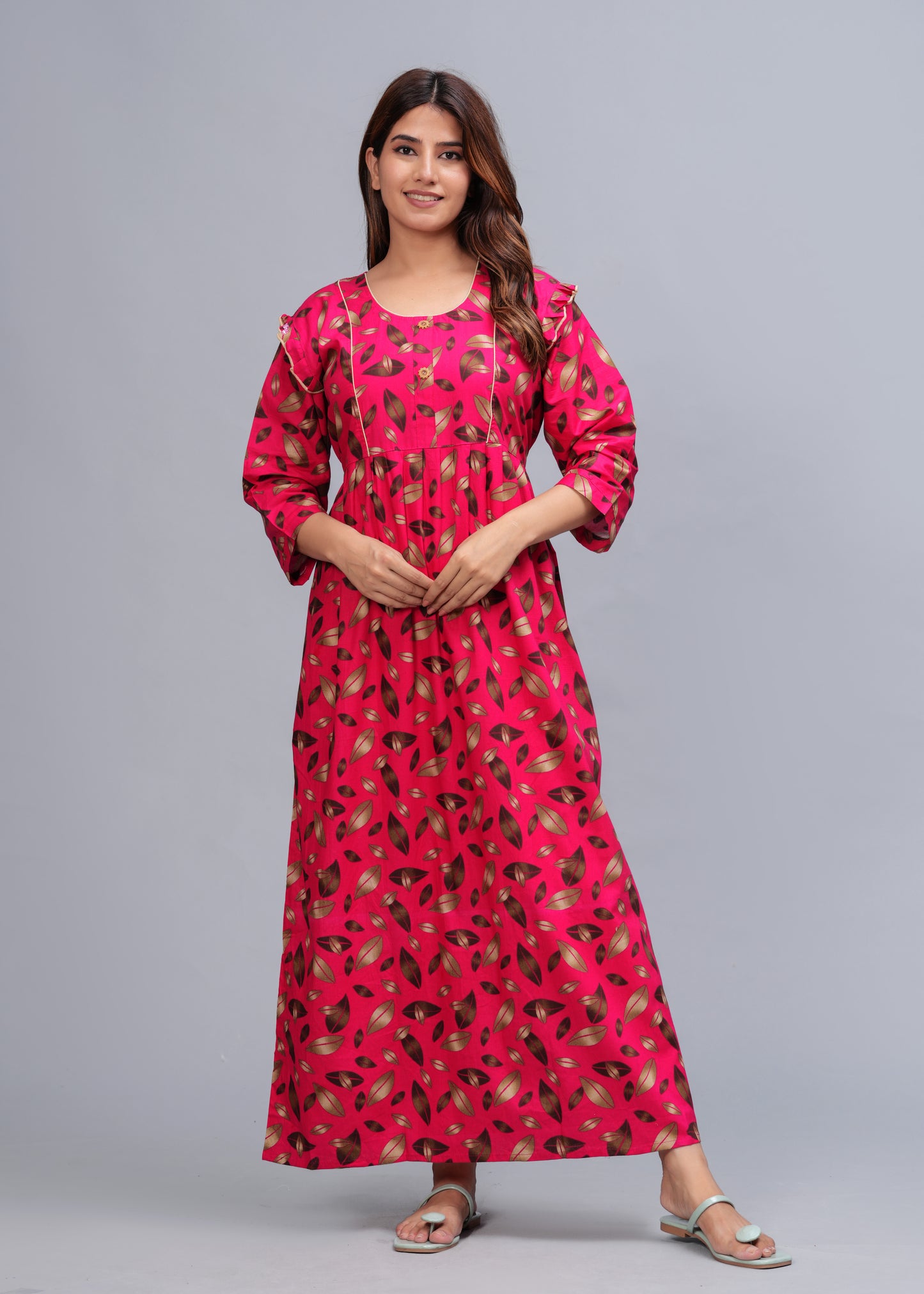 Women Cotton Full Sleeves Nightgown (Raani Pink, XL)