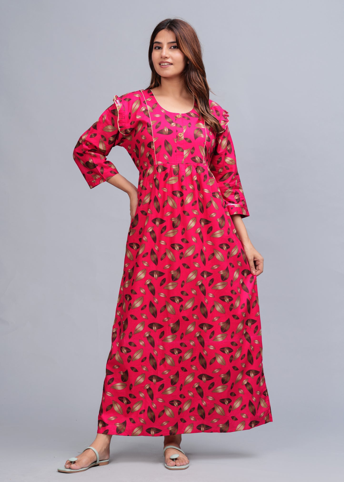 Women Cotton Full Sleeves Nightgown (Raani Pink, XL)