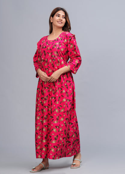 Women Cotton Full Sleeves Nightgown (Raani Pink, XL)