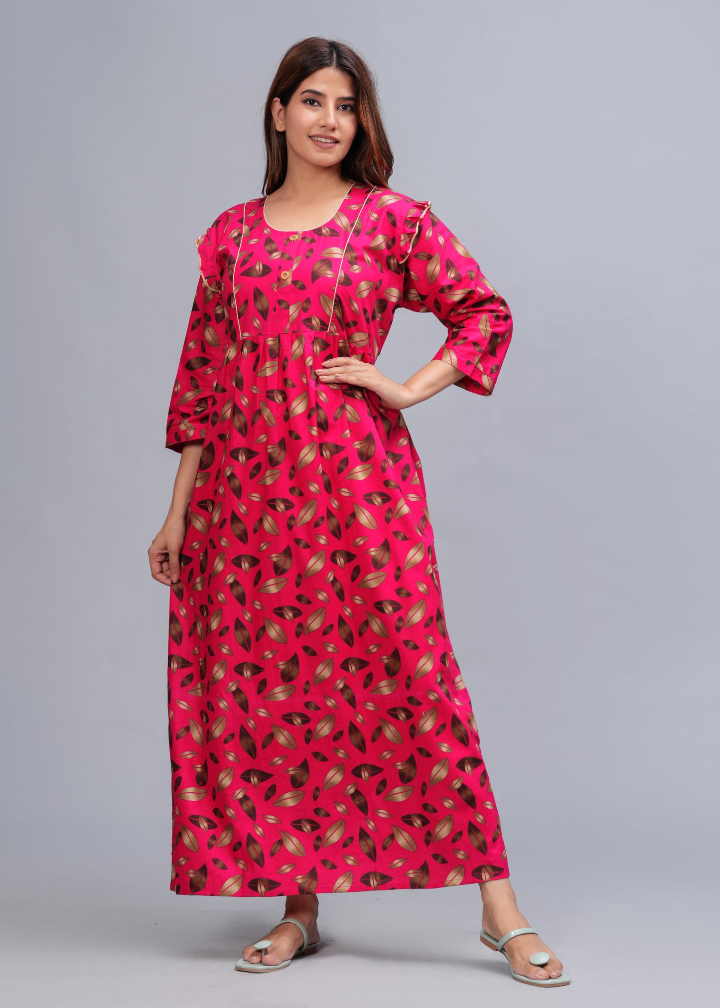 Women Cotton Full Sleeves Nightgown (Raani Pink, XL)