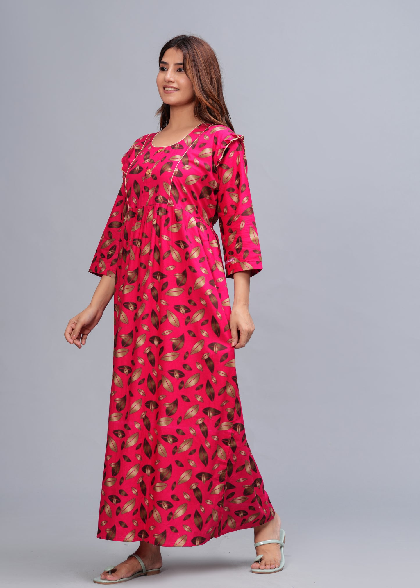 Women Cotton Full Sleeves Nightgown (Raani Pink, XL)