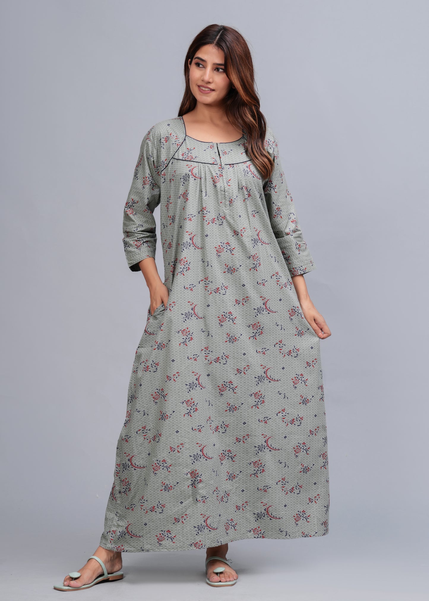 Cotton Full Sleeves Nightgown for Women (Cardamom Grey, XL)