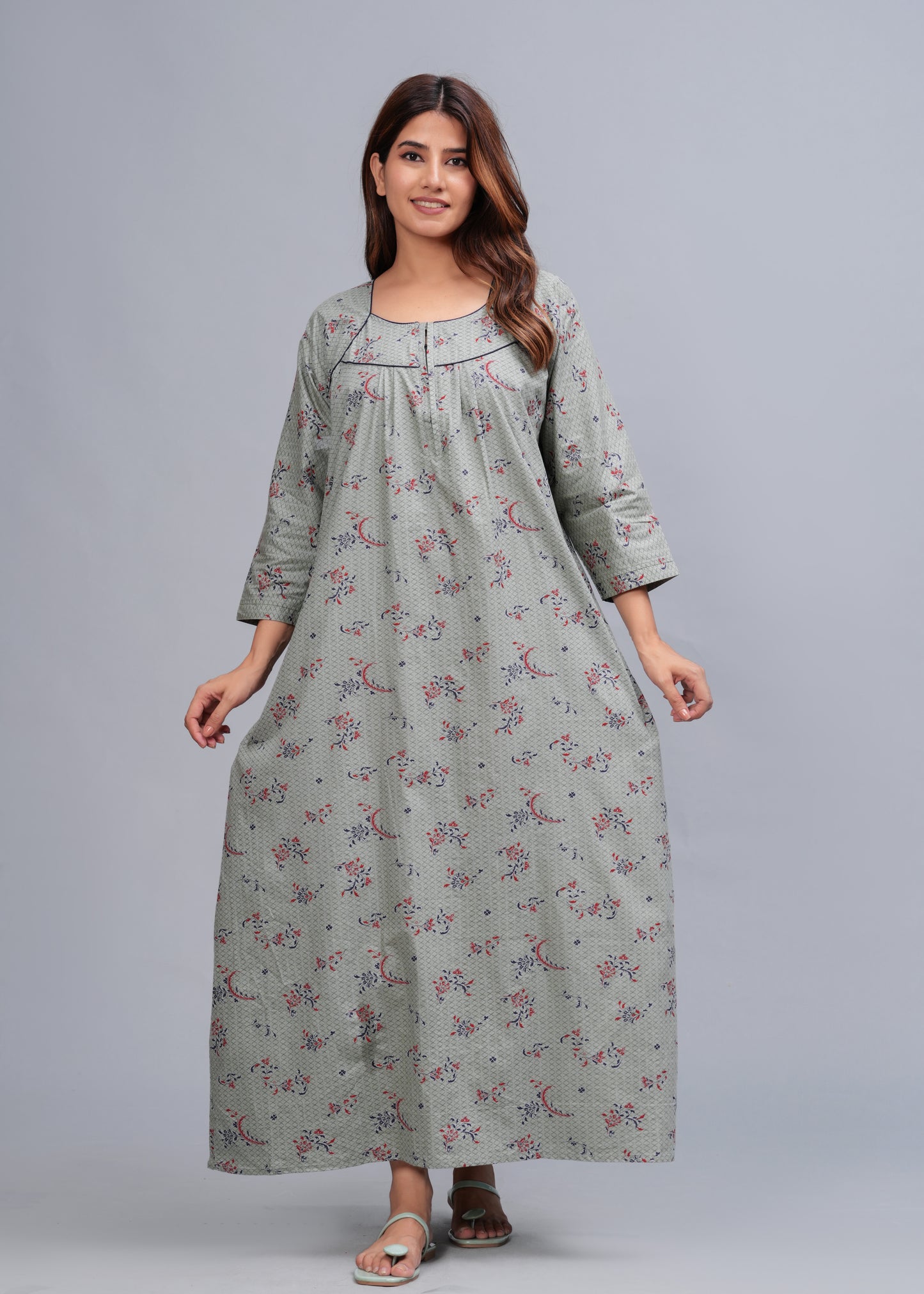 Cotton Full Sleeves Nightgown for Women (Cardamom Grey, XL)