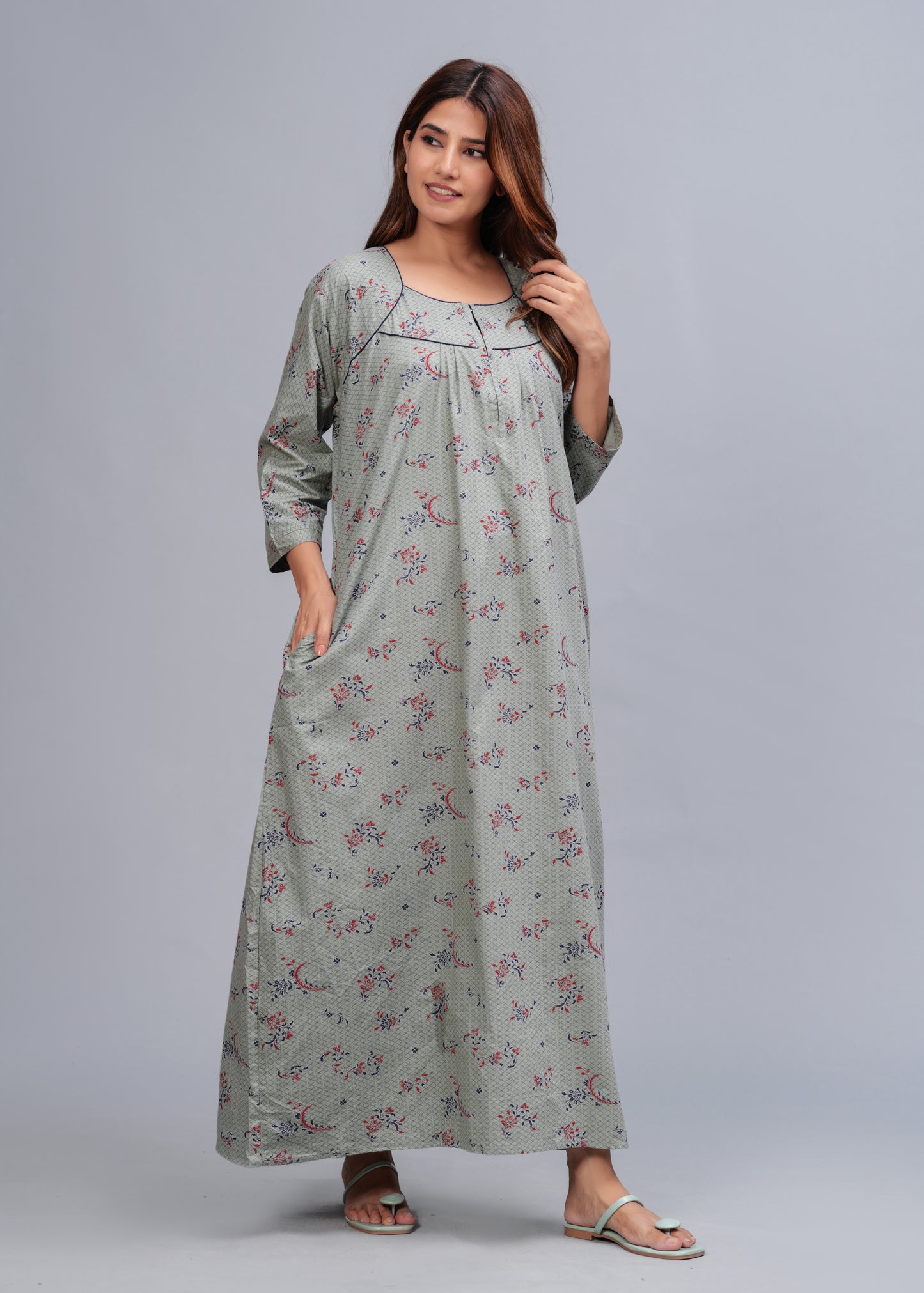 Cotton Full Sleeves Nightgown for Women (Cardamom Grey, XL)