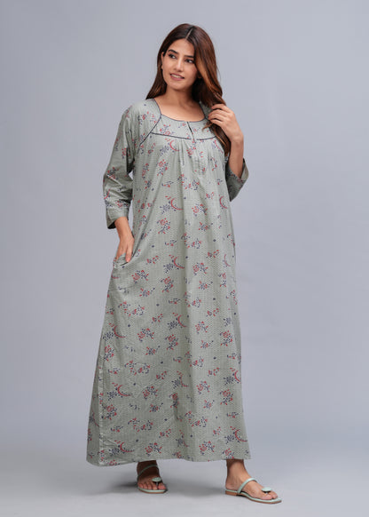 Cotton Full Sleeves Nightgown for Women (Cardamom Grey, XL)