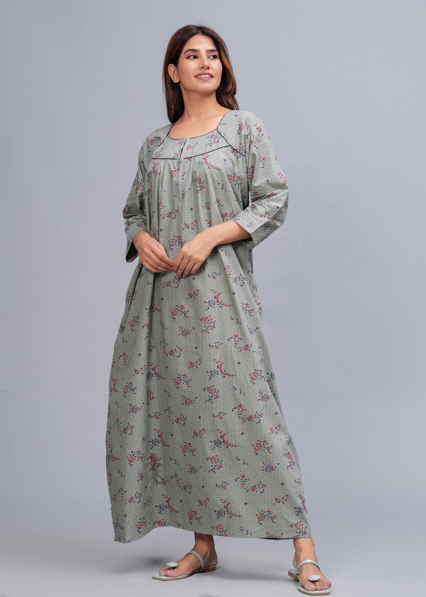 Cotton Full Sleeves Nightgown for Women (Cardamom Grey, XL)