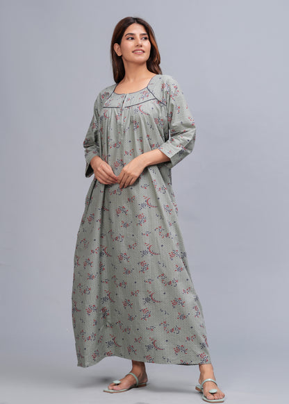 Cotton Full Sleeves Nightgown for Women (Cardamom Grey, XL)