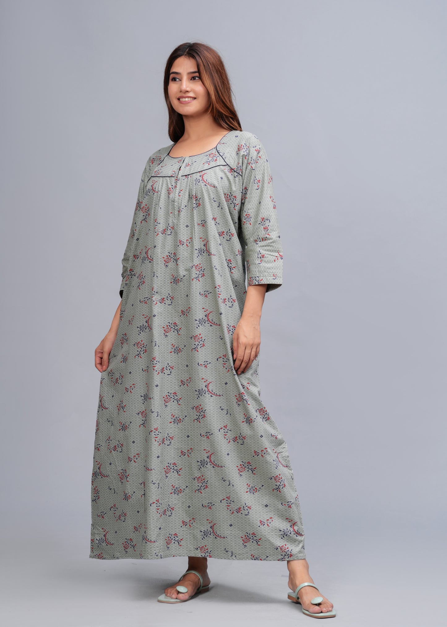 Cotton Full Sleeves Nightgown for Women (Cardamom Grey, XL)