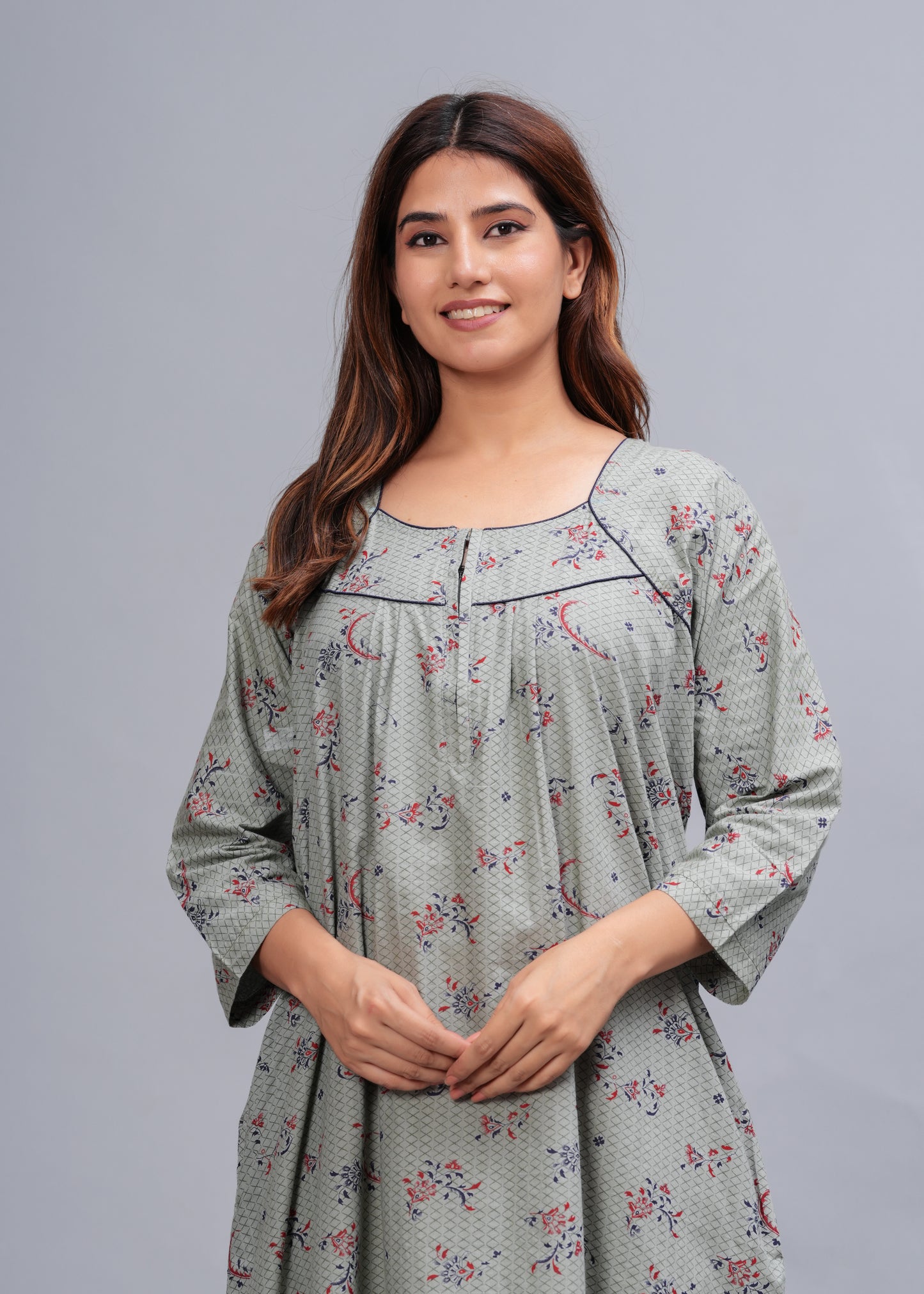 Cotton Full Sleeves Nightgown for Women (Cardamom Grey, XL)