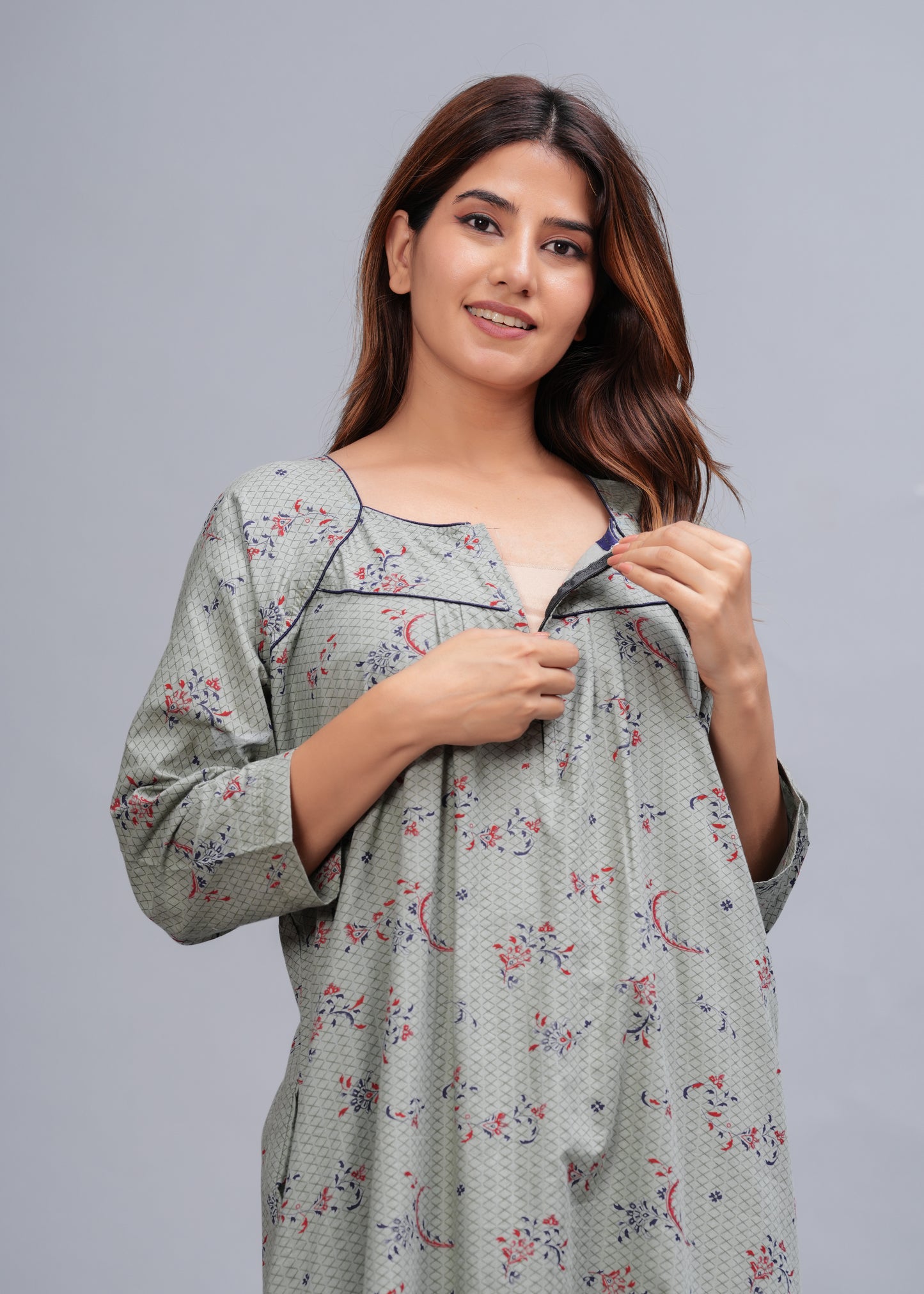 Cotton Full Sleeves Nightgown for Women (Cardamom Grey, XL)
