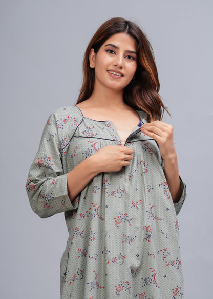 Cotton Full Sleeves Nightgown for Women (Cardamom Grey, XL)