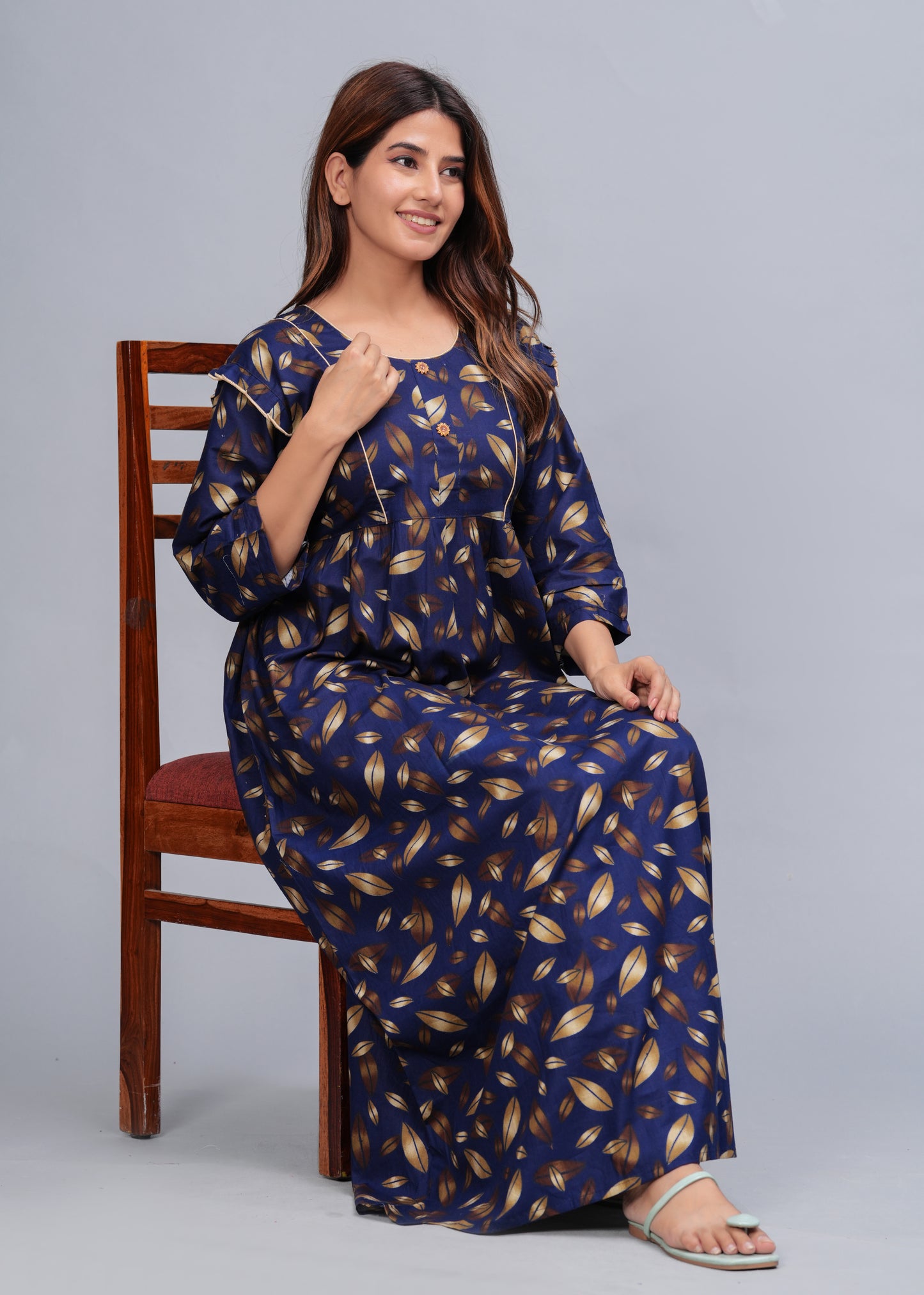 Women Cotton Full Sleeves Nightgown (Navy Blue, XL)