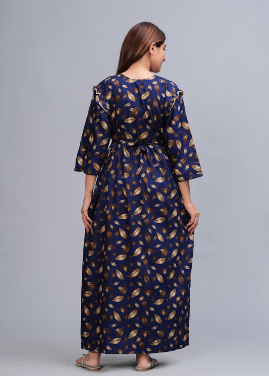 Women Cotton Full Sleeves Nightgown (Navy Blue, XL)