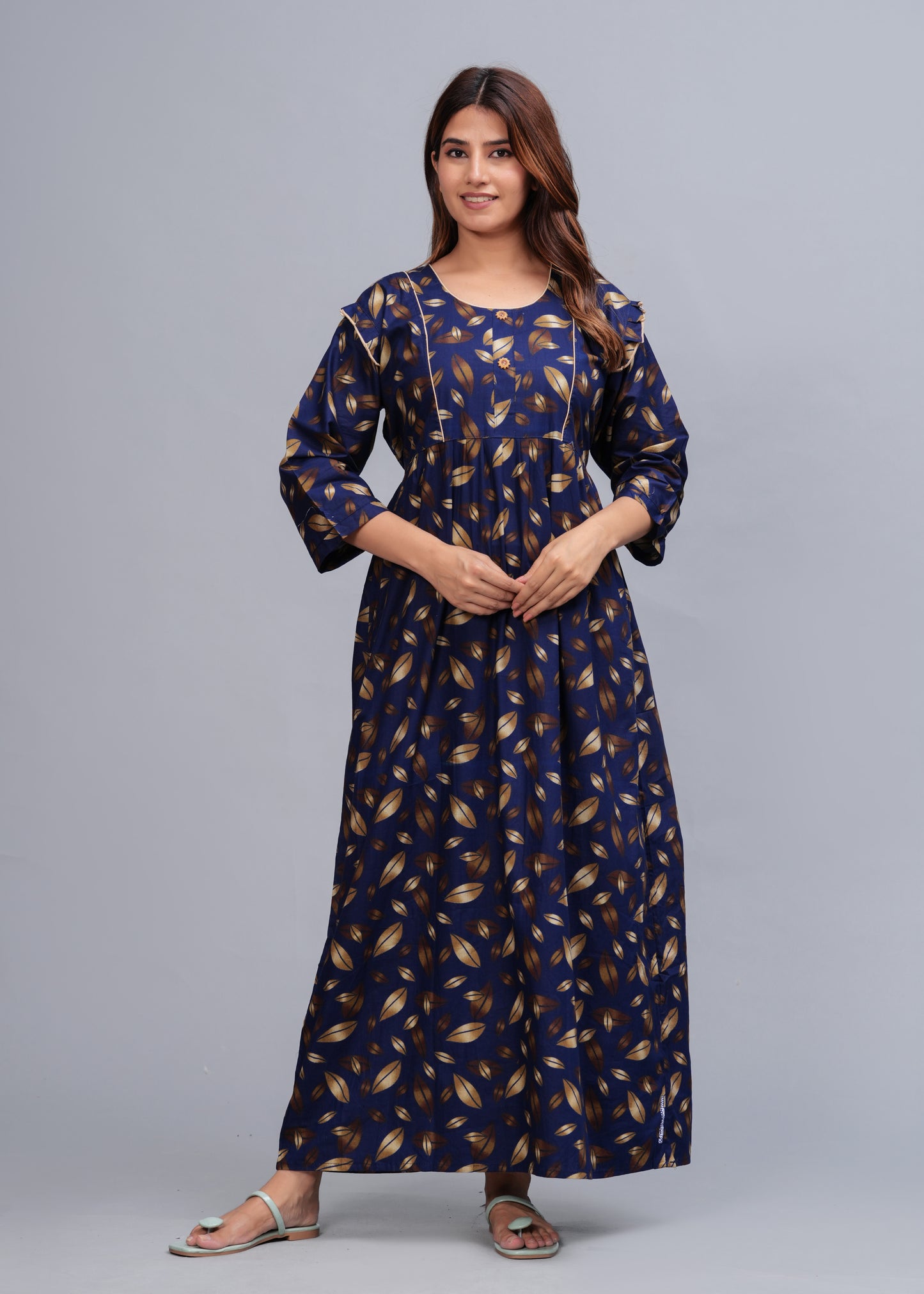 Women Cotton Full Sleeves Nightgown (Navy Blue, XL)