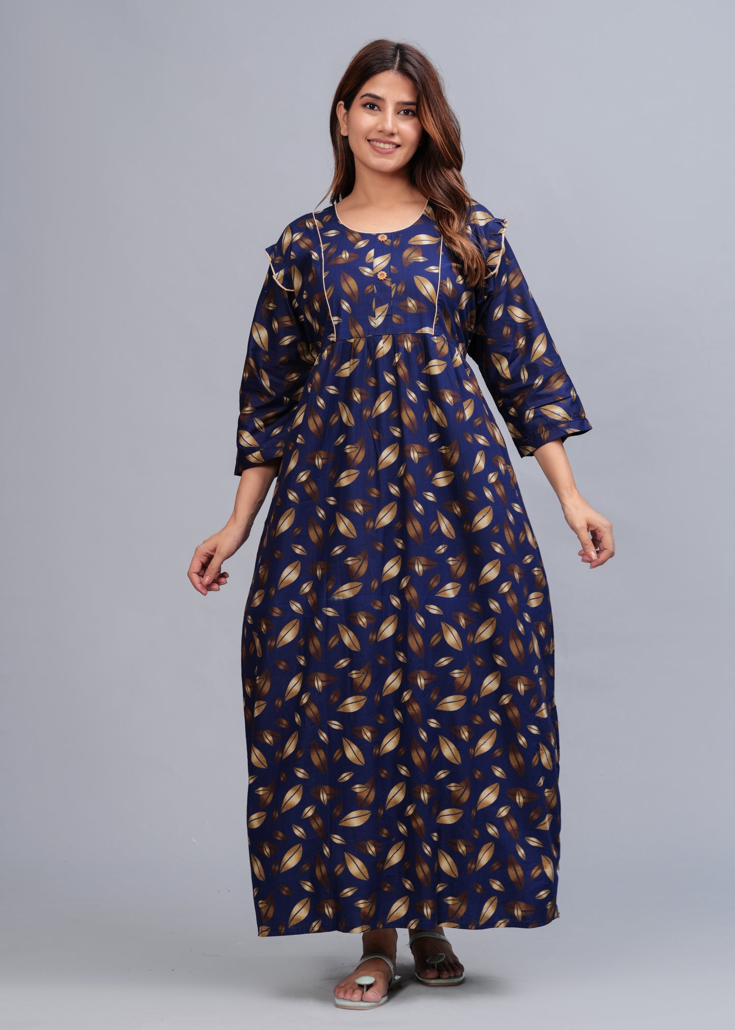 Women Cotton Full Sleeves Nightgown (Navy Blue, XL)