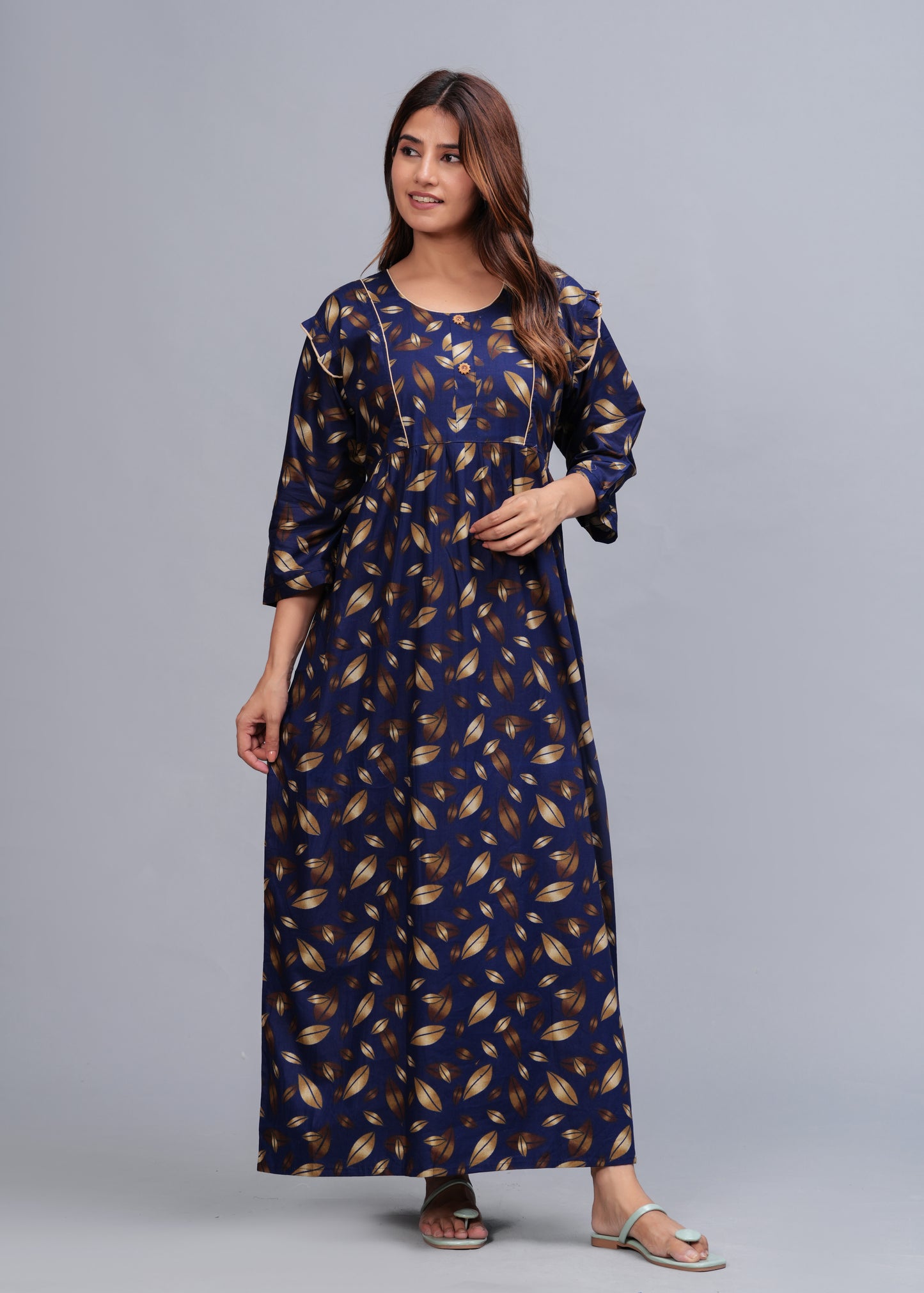 Women Cotton Full Sleeves Nightgown (Navy Blue, XL)