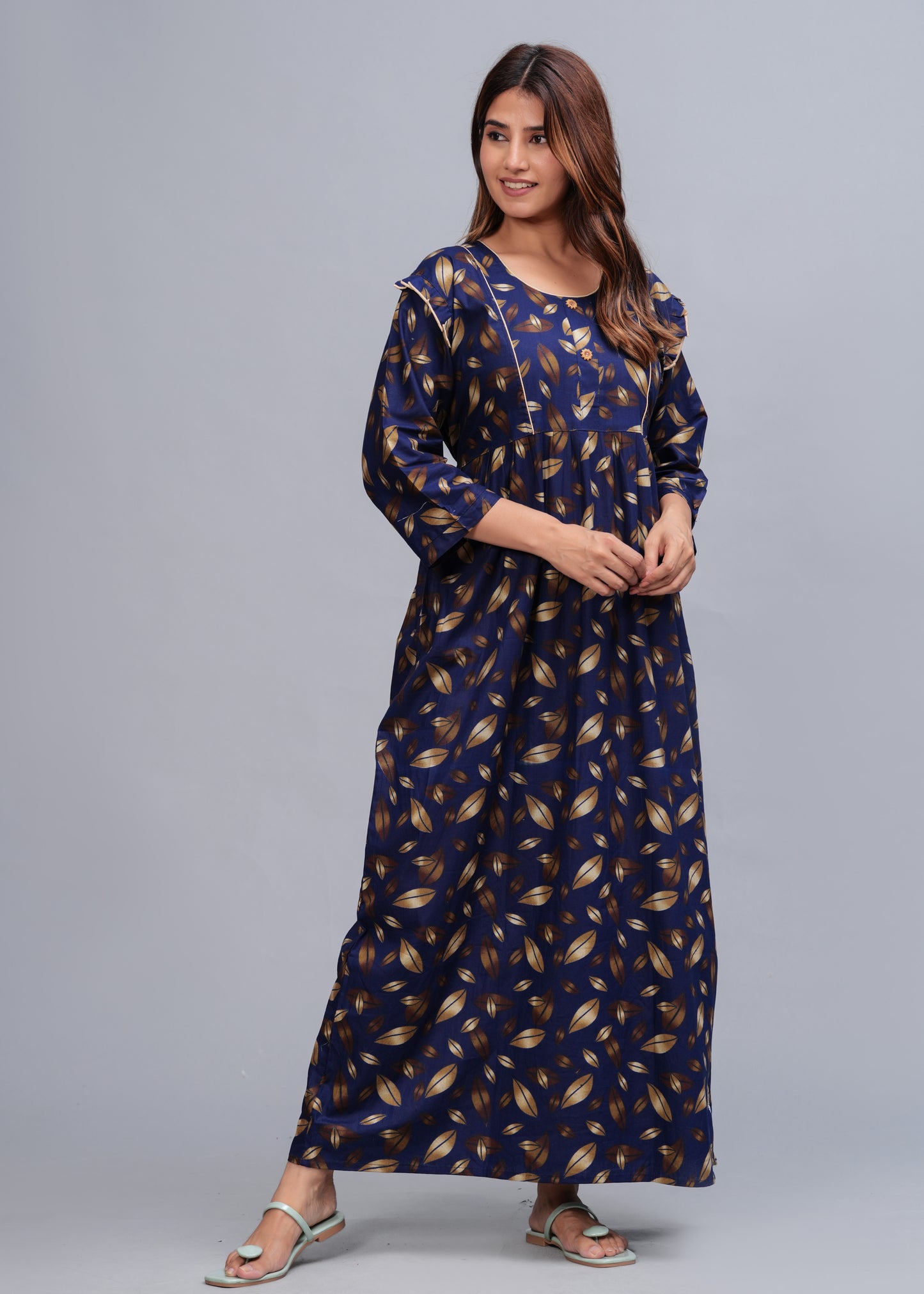 Women Cotton Full Sleeves Nightgown (Navy Blue, XL)