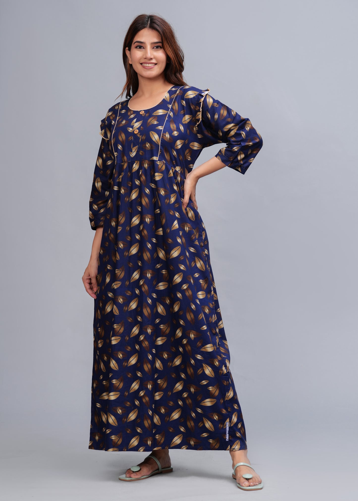 Women Cotton Full Sleeves Nightgown (Navy Blue, XL)