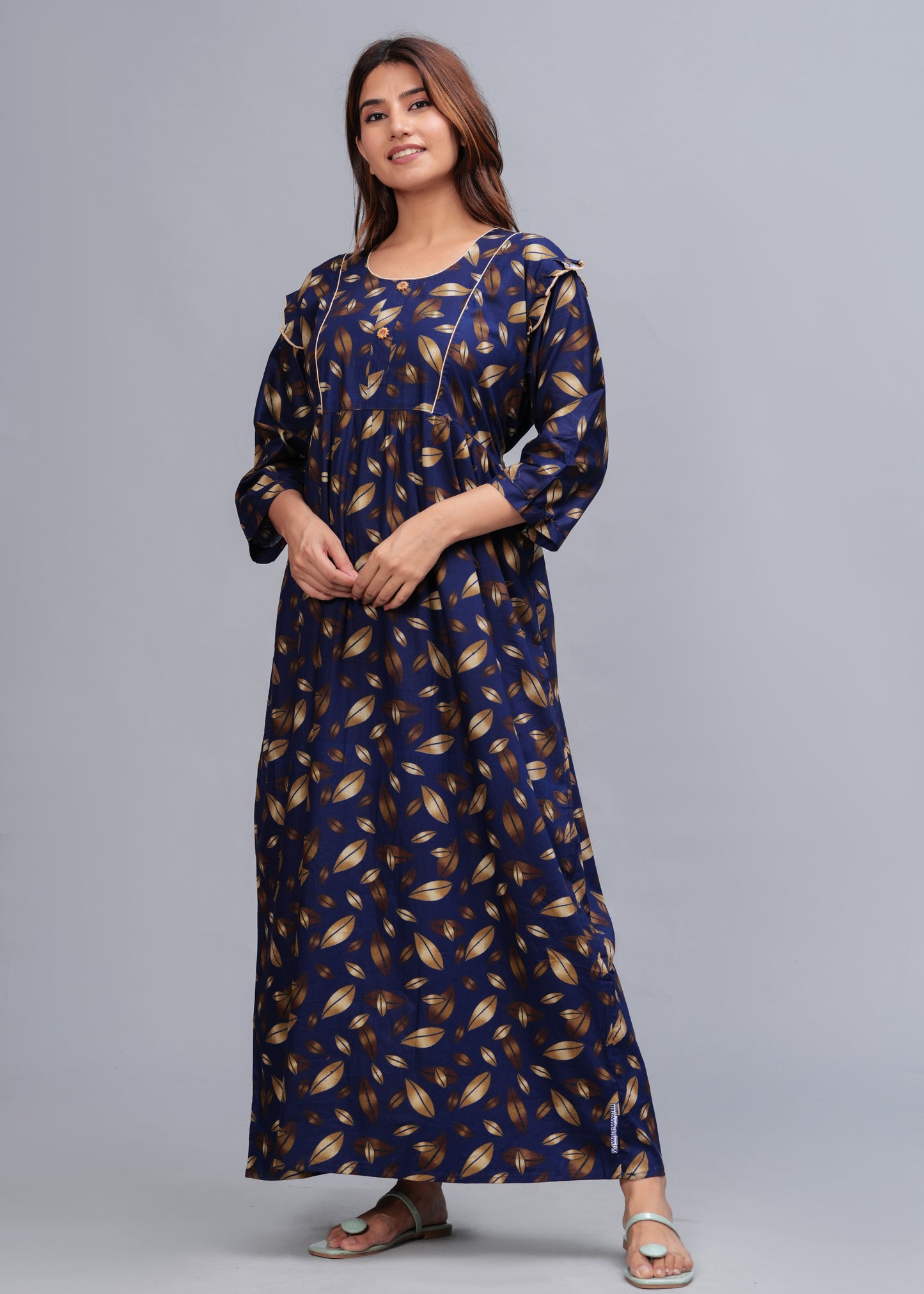 Women Cotton Full Sleeves Nightgown (Navy Blue, XL)
