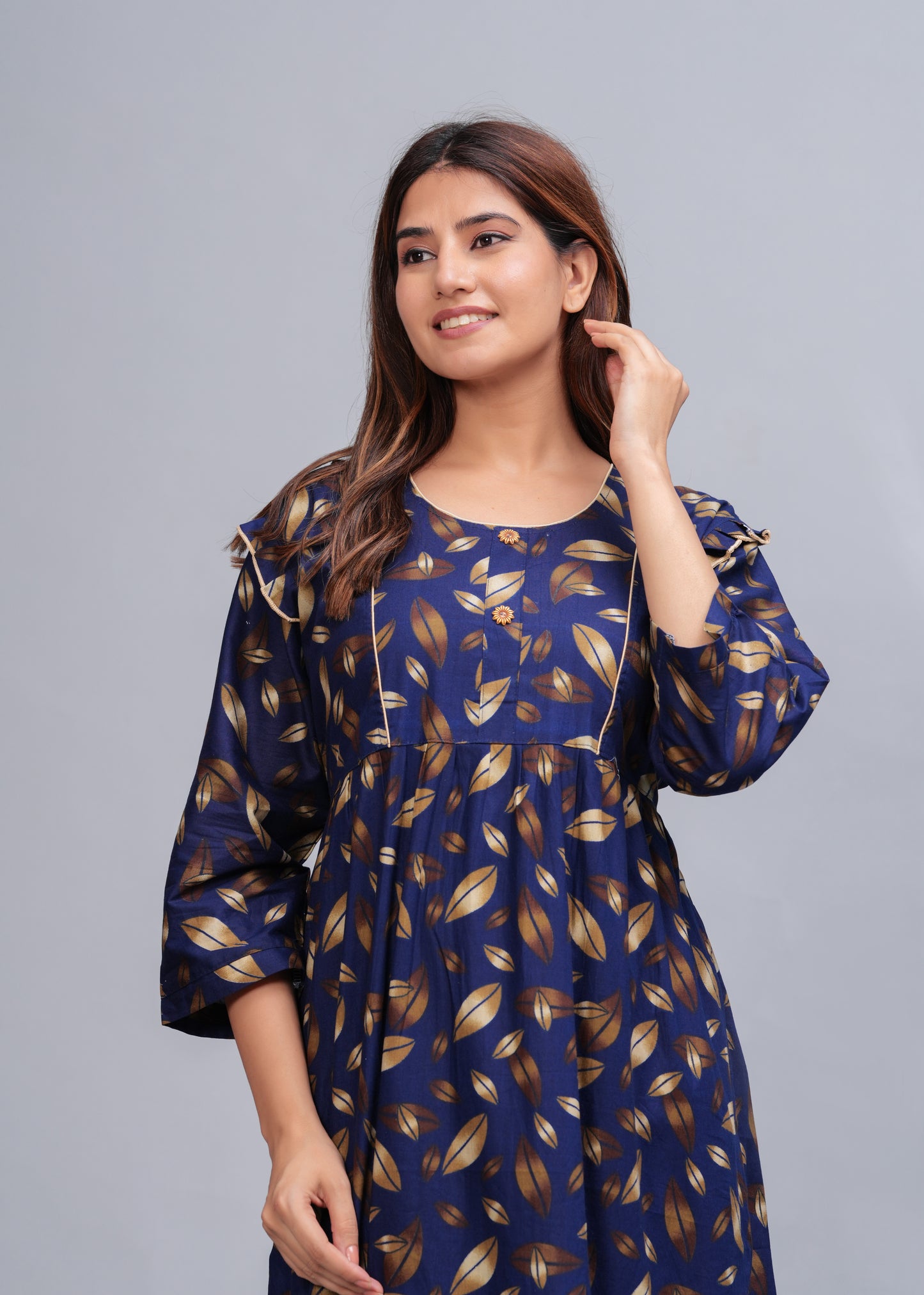 Women Cotton Full Sleeves Nightgown (Navy Blue, XL)