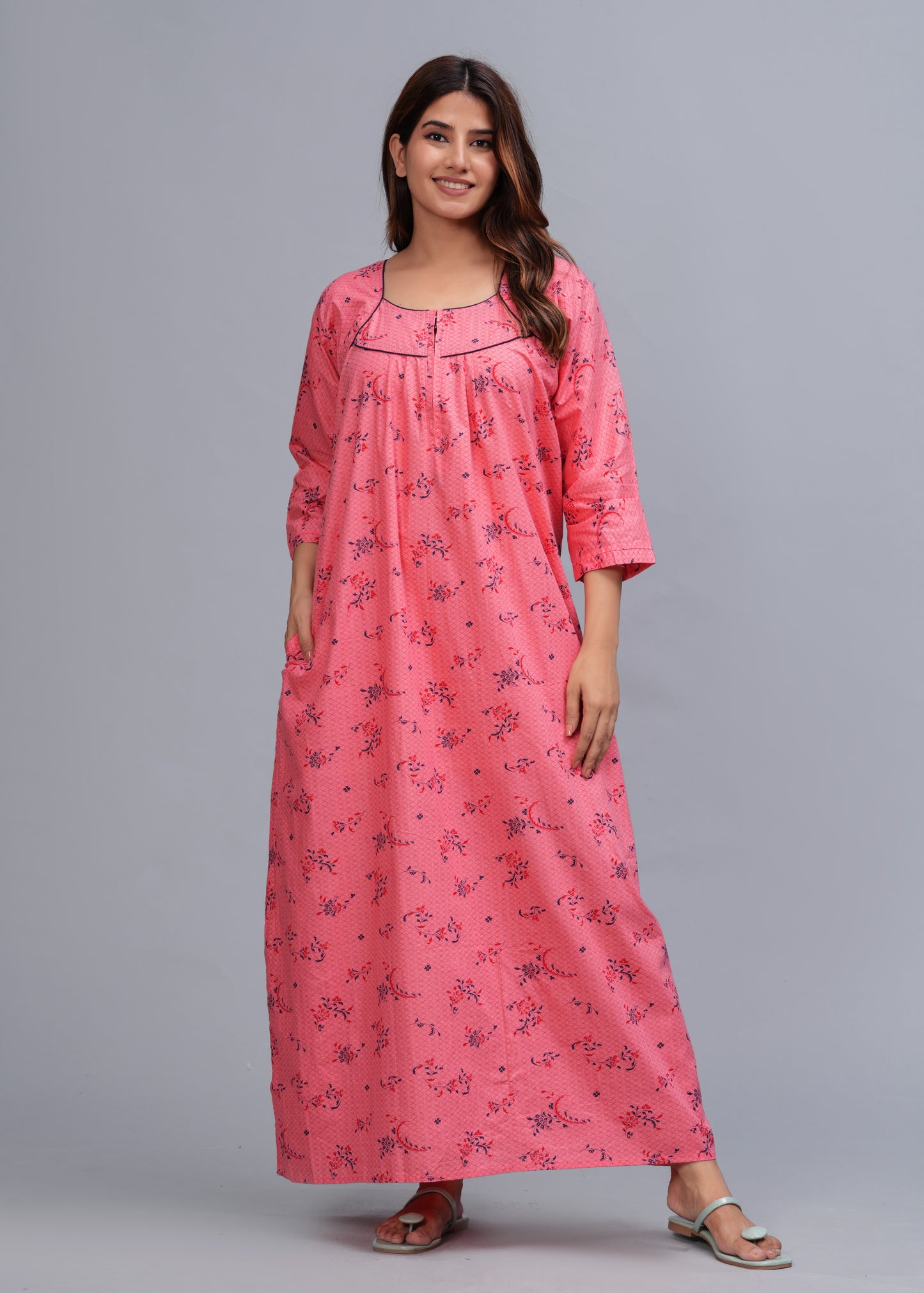 Cotton Full Sleeves Nightgown for Women(Baby Pink, XL)